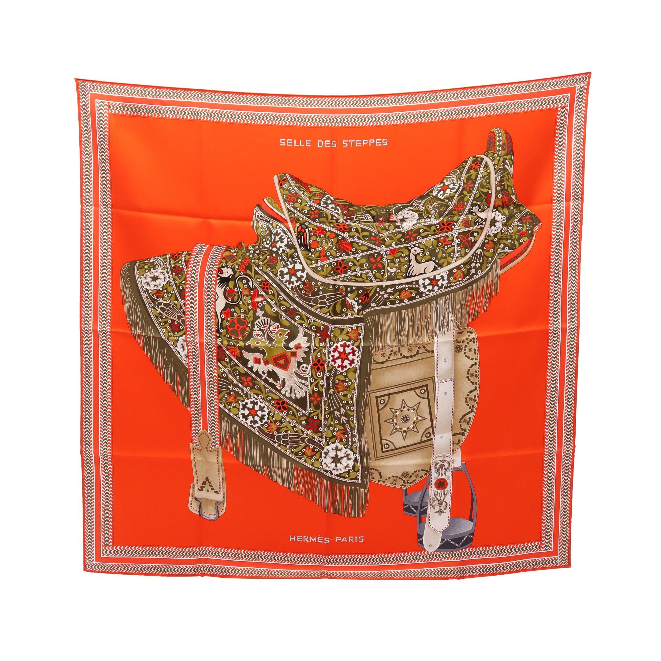 Hermes Hermes Carres 90 Selle Des Steppes Scarf Silk Orange Red Multicolor Size ONE SIZE - 1 Thumbnail