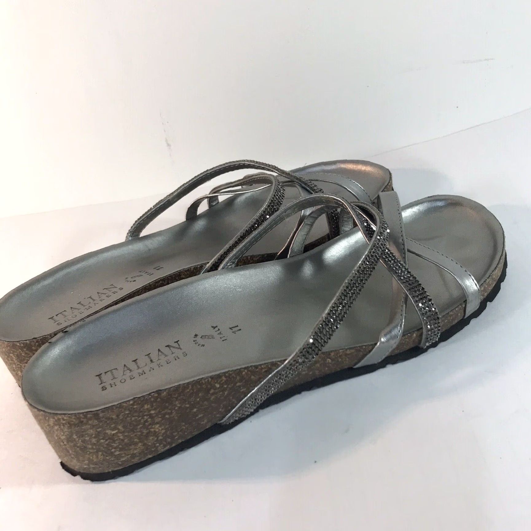 Vintage Italian Shoemakers Wedge Slides Women Size 11 Silver Leather Rhinestones Casual Summer Size US 11 / IT 41 - 5 Thumbnail