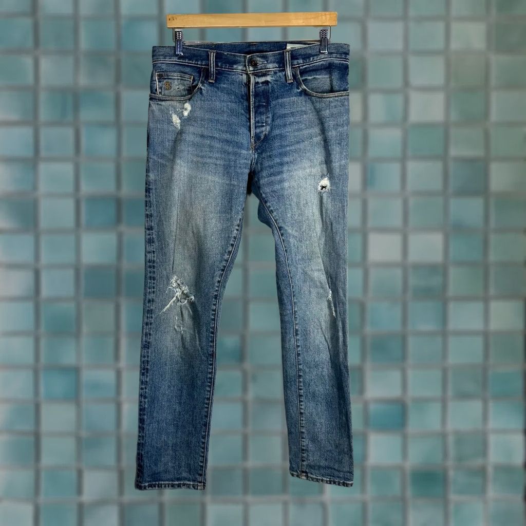 Todd Snyder Todd Snyder Jeans Slim Straight Denim 33x32 Button Fly Mens Blue Distressed 5-Pocket Logo Embroidered Footprint Size US 33 - 1 Thumbnail