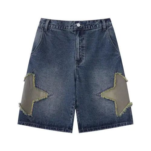 Jean Men's street loose straight star embroidered denim shorts Size US 32 / EU 48 - 5 Thumbnail
