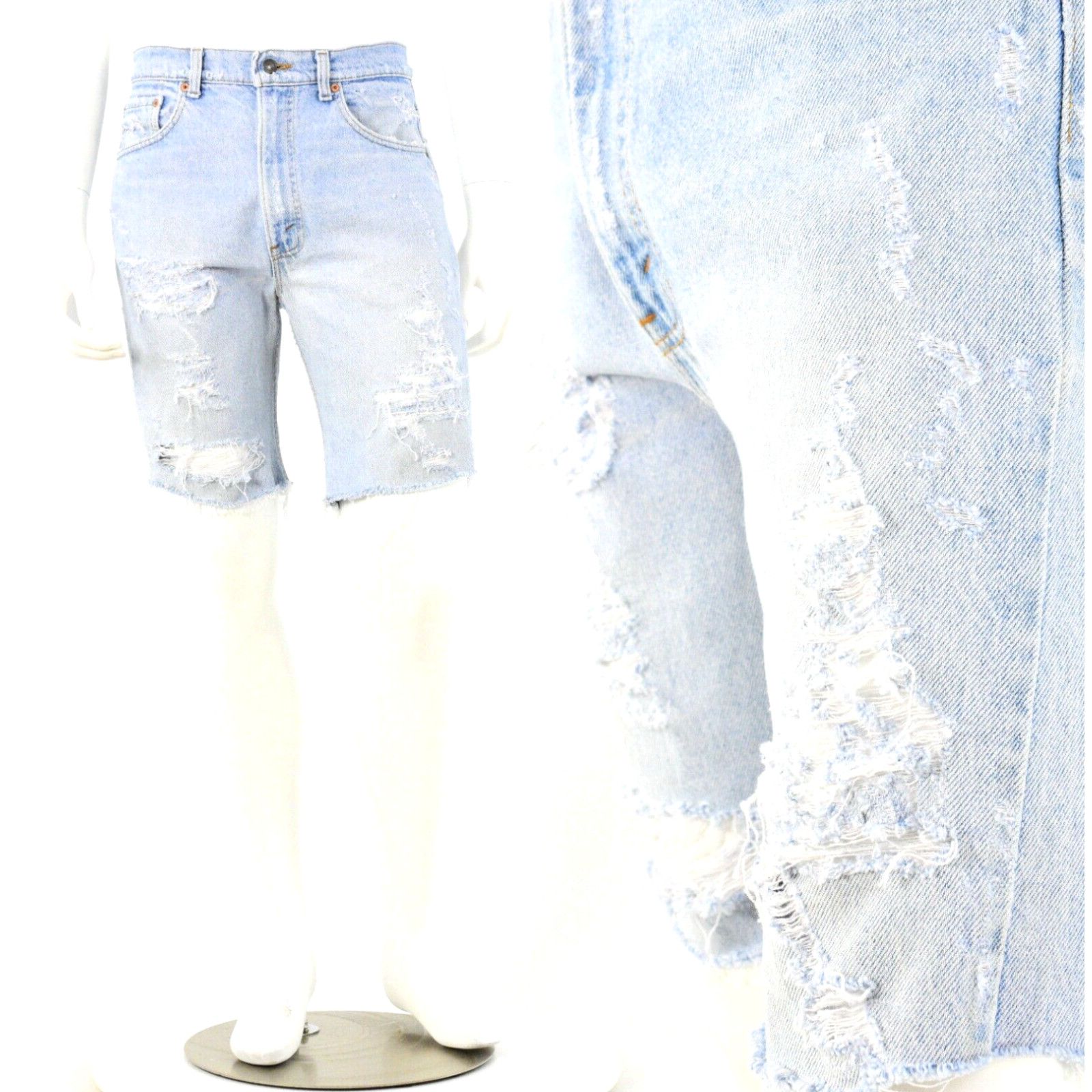 image of 90's Vintage Mens 34 Levis 505 Heavily Distressed Light Wash Denim Cut Offshorts in White