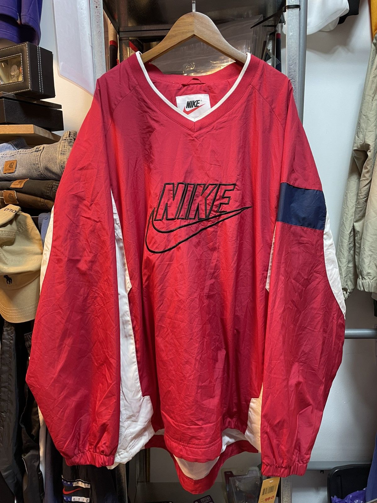 Nike Vintage Nike Spell Out V-Neck Windbreaker Size US XL / EU 56 / 4 - 1 Thumbnail