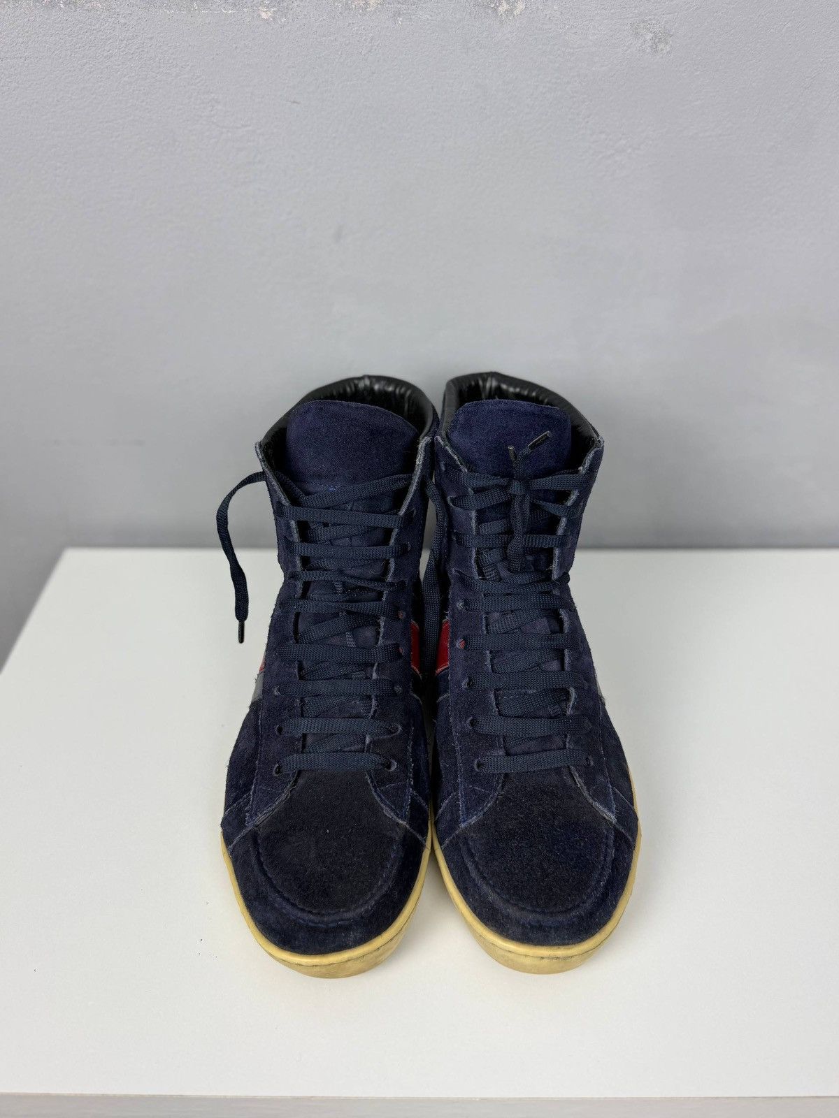 Gucci Gucci Navy Blue Suede Web High Top Sneakers Size US 8 / EU 41 - 11 Thumbnail