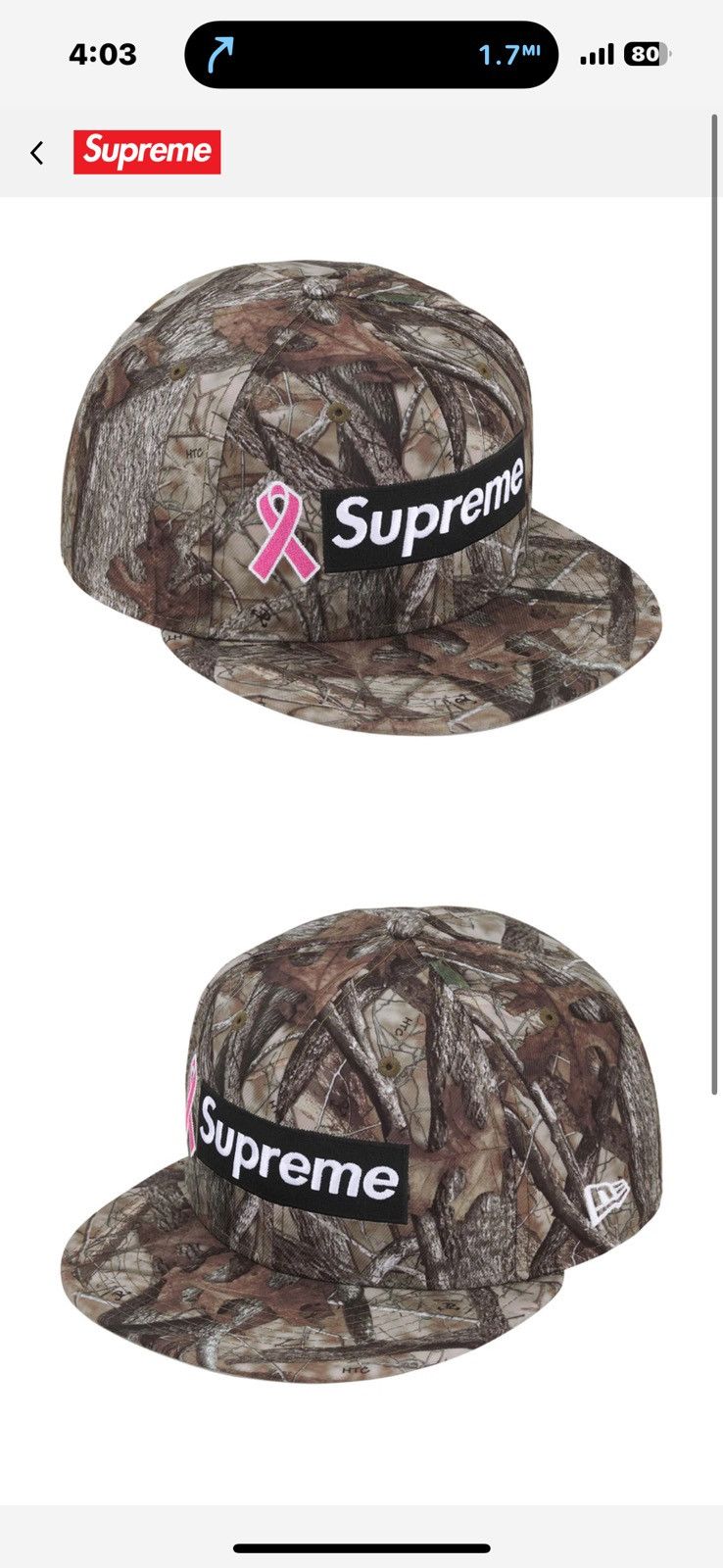 New Era × Supreme Supreme breast cancer awareness box logo real tree camo hat Size ONE SIZE - 1 Thumbnail