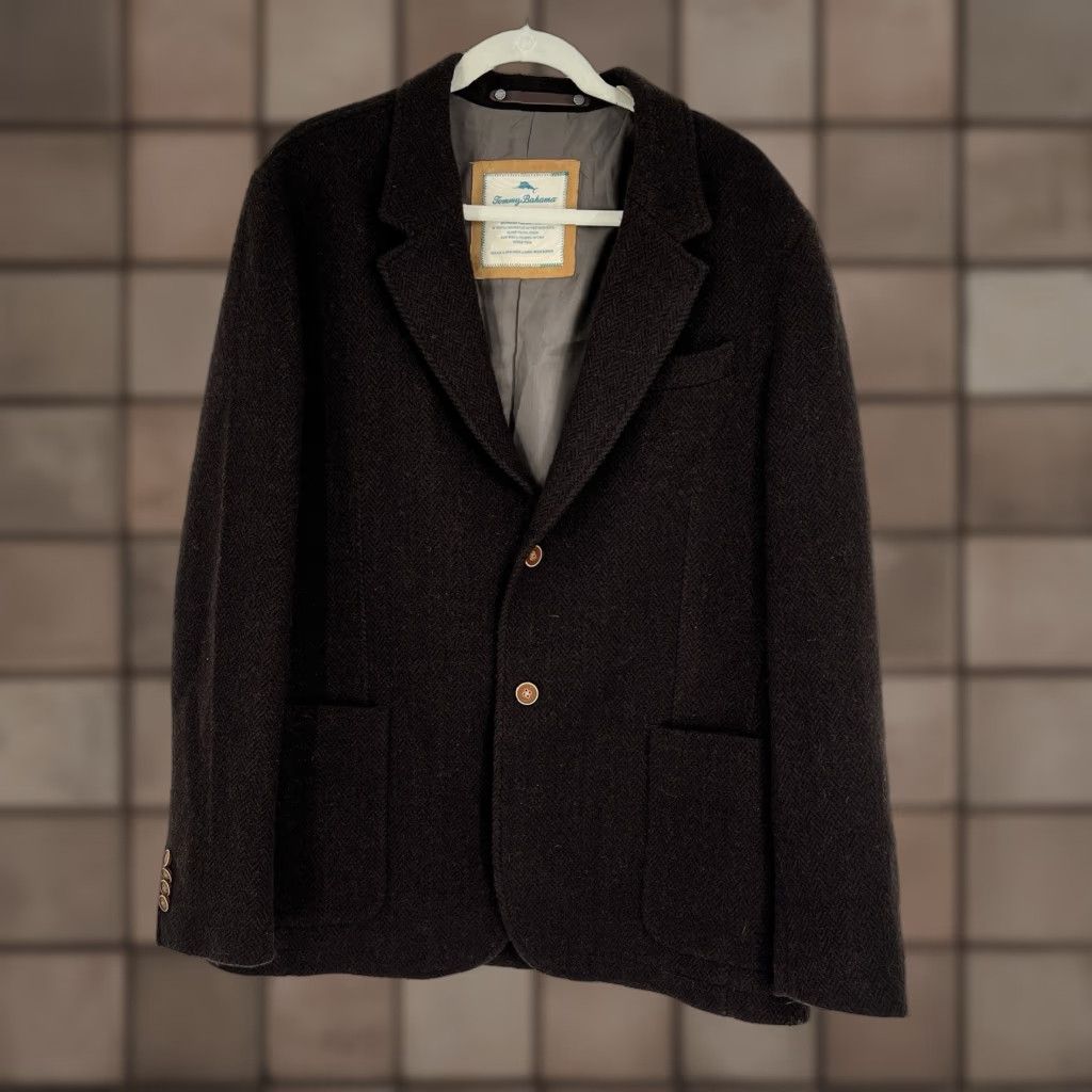 Tommy Bahama Tommy Bahama Mens Brown Wool Herringbone Blazer Sport Coat L Regular Notch 2 Button Front Ship/Voyage Theme Mens Size 42R - 1 Thumbnail