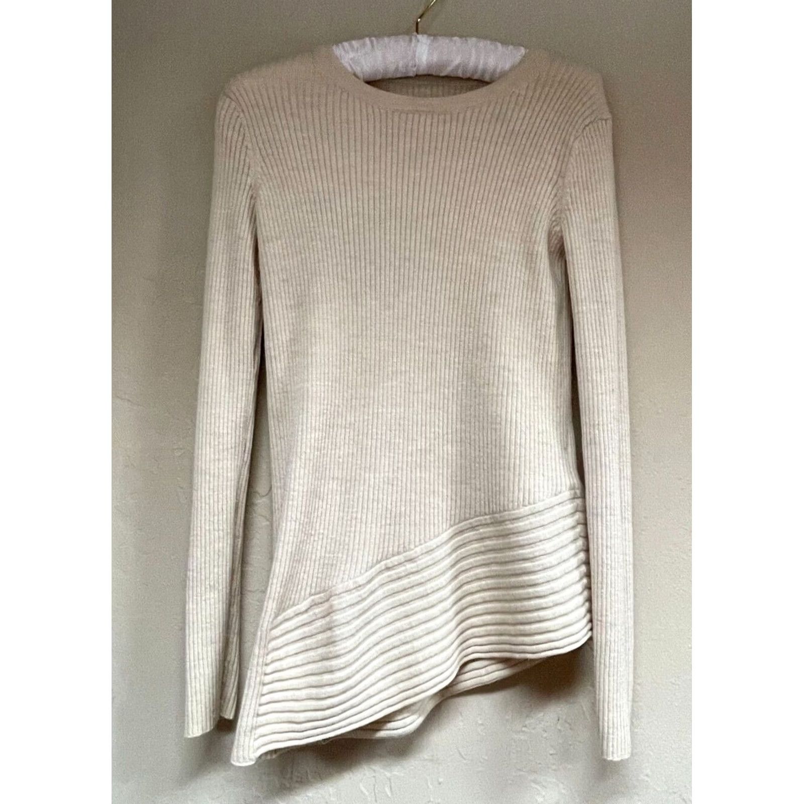 Allsaints Allsaints Keld Crew Neck Ribbed Merino Wool Asymmetric Sweater Tan Medium Women’s Knit Long Sleeve Slim Pullover Size M / US 6-8 / IT 42-44 - 2 Thumbnail