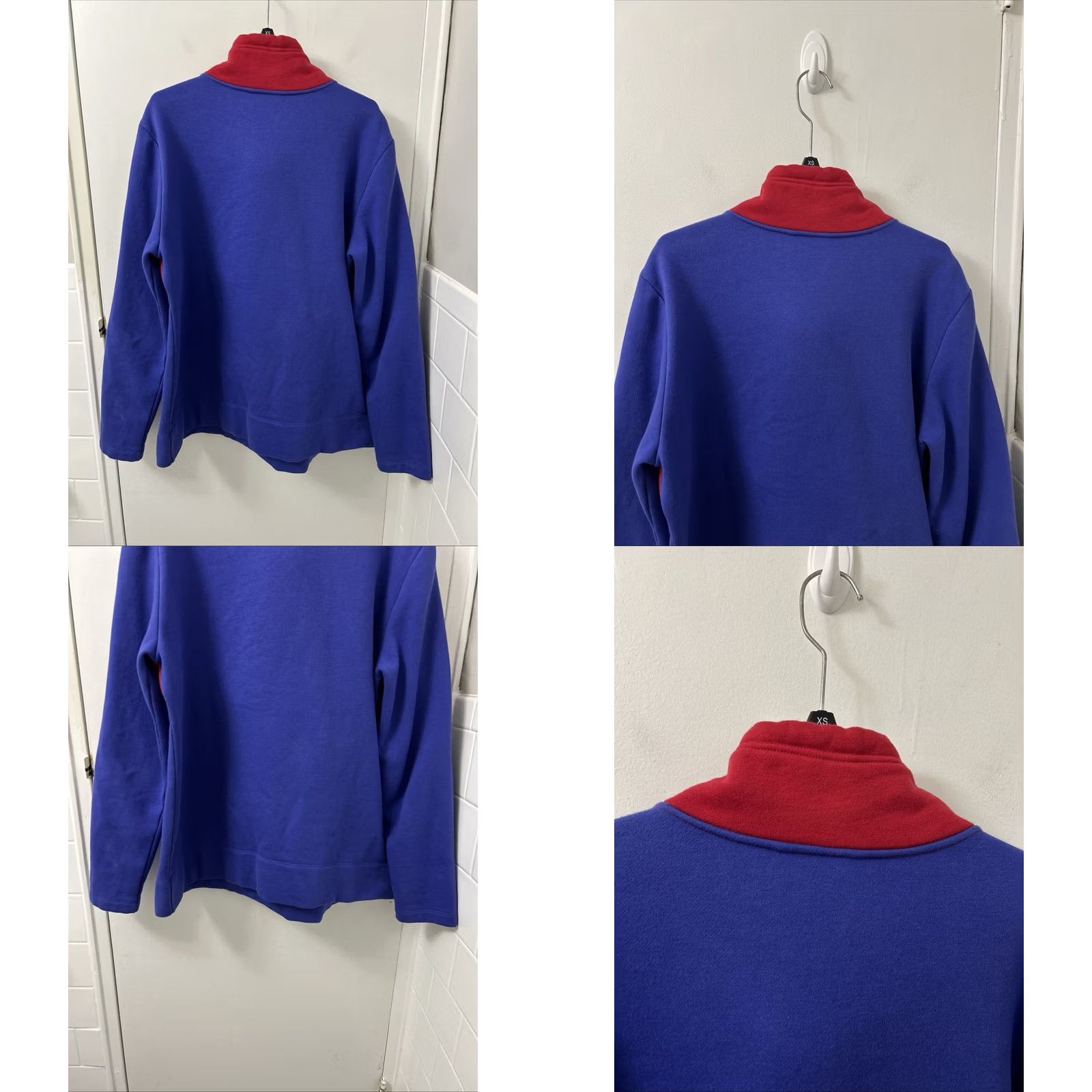 Vintage LL Bean Signature Pullover Womens M Blue Red Organic Cotton Fleece 1/4 Zip Kangaroo Pocket Sweatshirt 26” Regular Fit Size M / US 6-8 / IT 42-44 - 8 Thumbnail