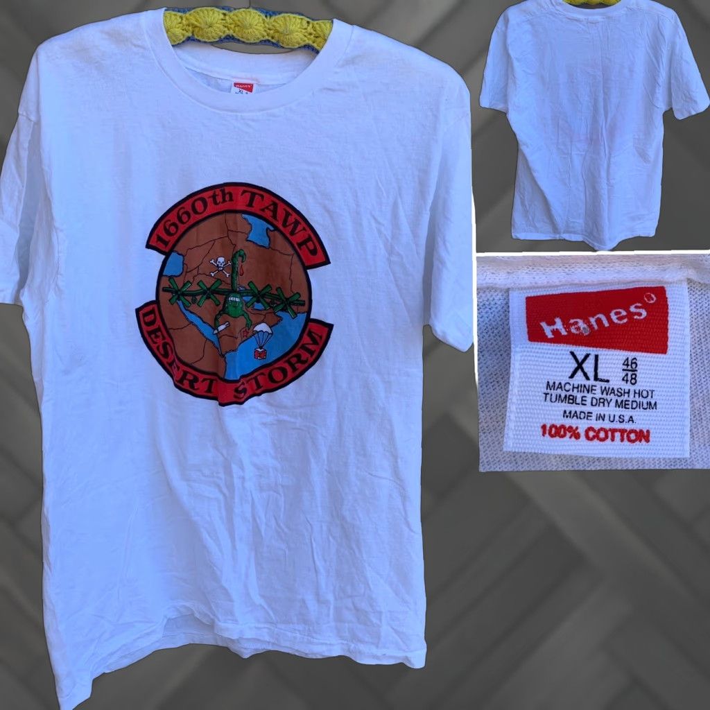 Hanes VINTAGE Hanes Desert Storm T-Shirt XL Men White Cotton Short Sleeve 90s Military USA Graphic Print Solid | 1660th TAWP Size US XL / EU 56 / 4 - 1 Thumbnail