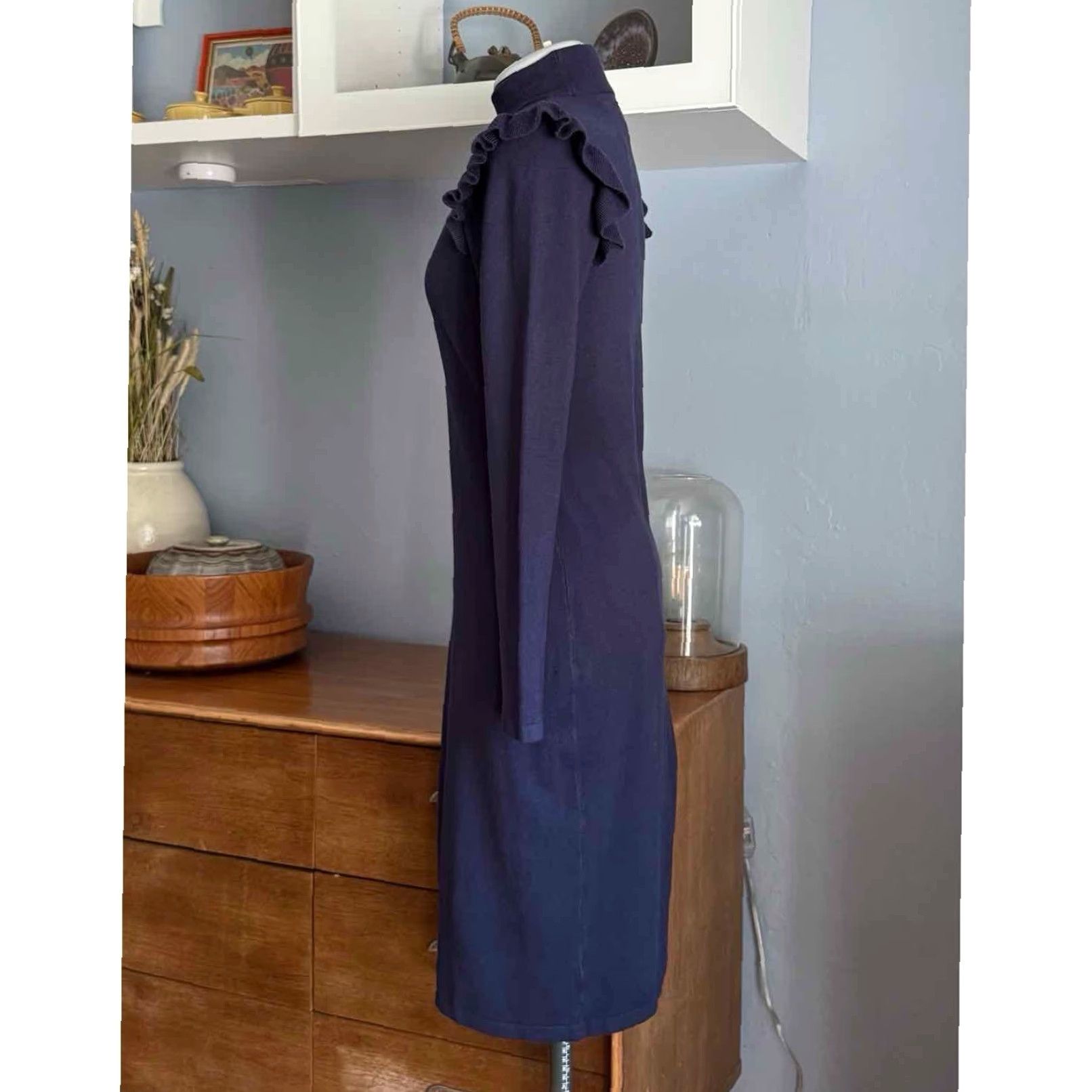 Michael Kors Michael Kors Navy Blue Ruffle Shoulder Sheath Viscose Blend Knit Dress Size S Size S / US 4 / IT 40 - 5 Thumbnail