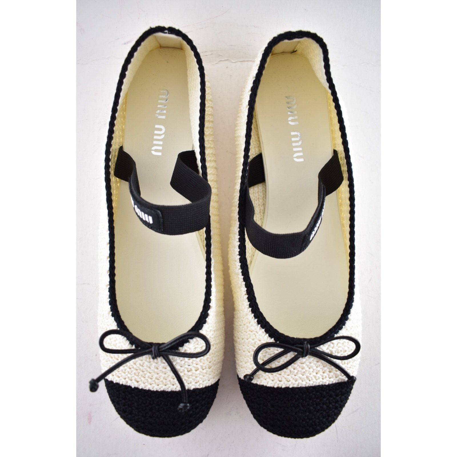 Miu Miu Miu Miu Crochet Knit Black White Bicolor Logo Strap Ballet Size US 12 / IT 42 - 14 Thumbnail