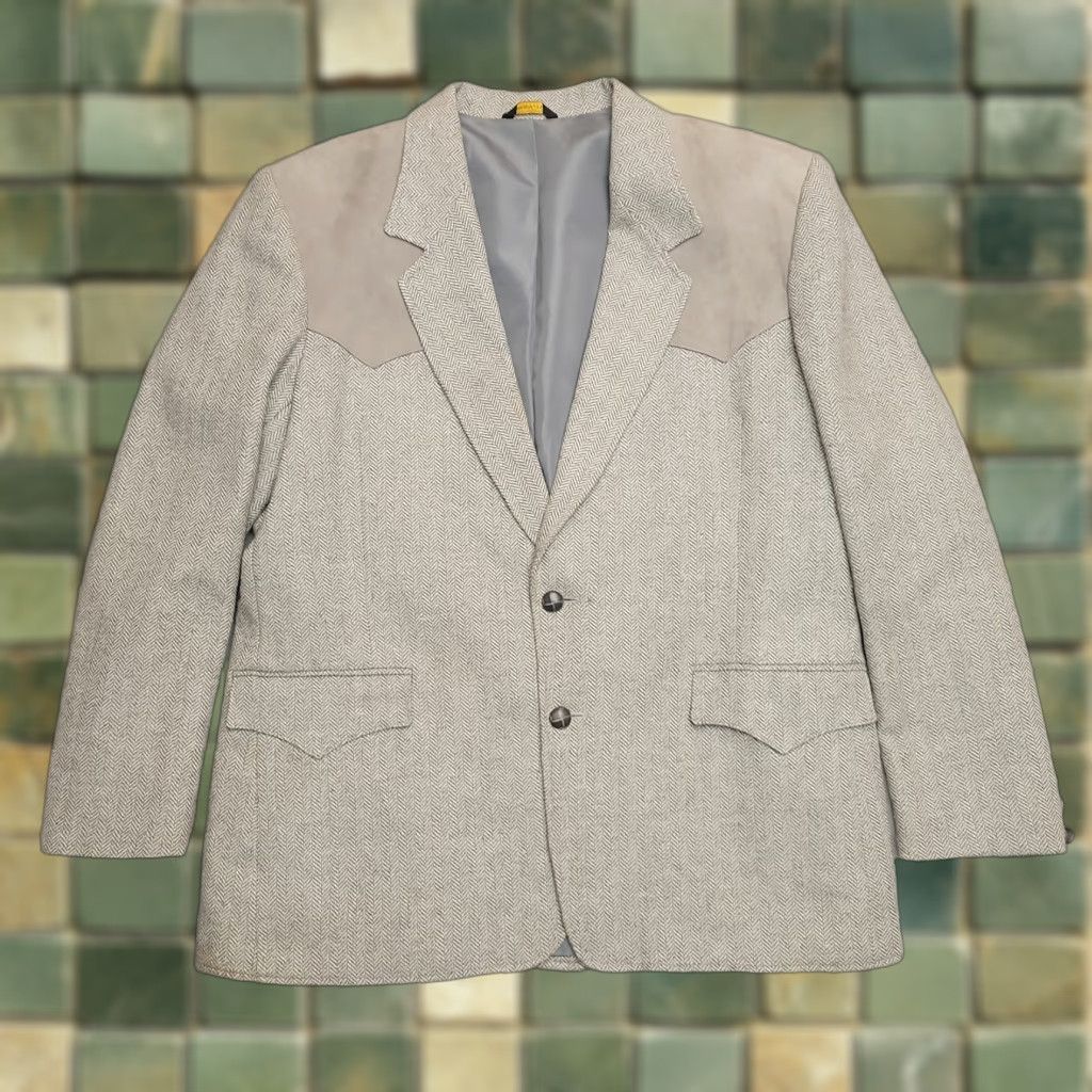 VINTAGE Pioneer Wear Blazer Men 48 Gray Herringbone Western Suede Yoke Wool USA Made