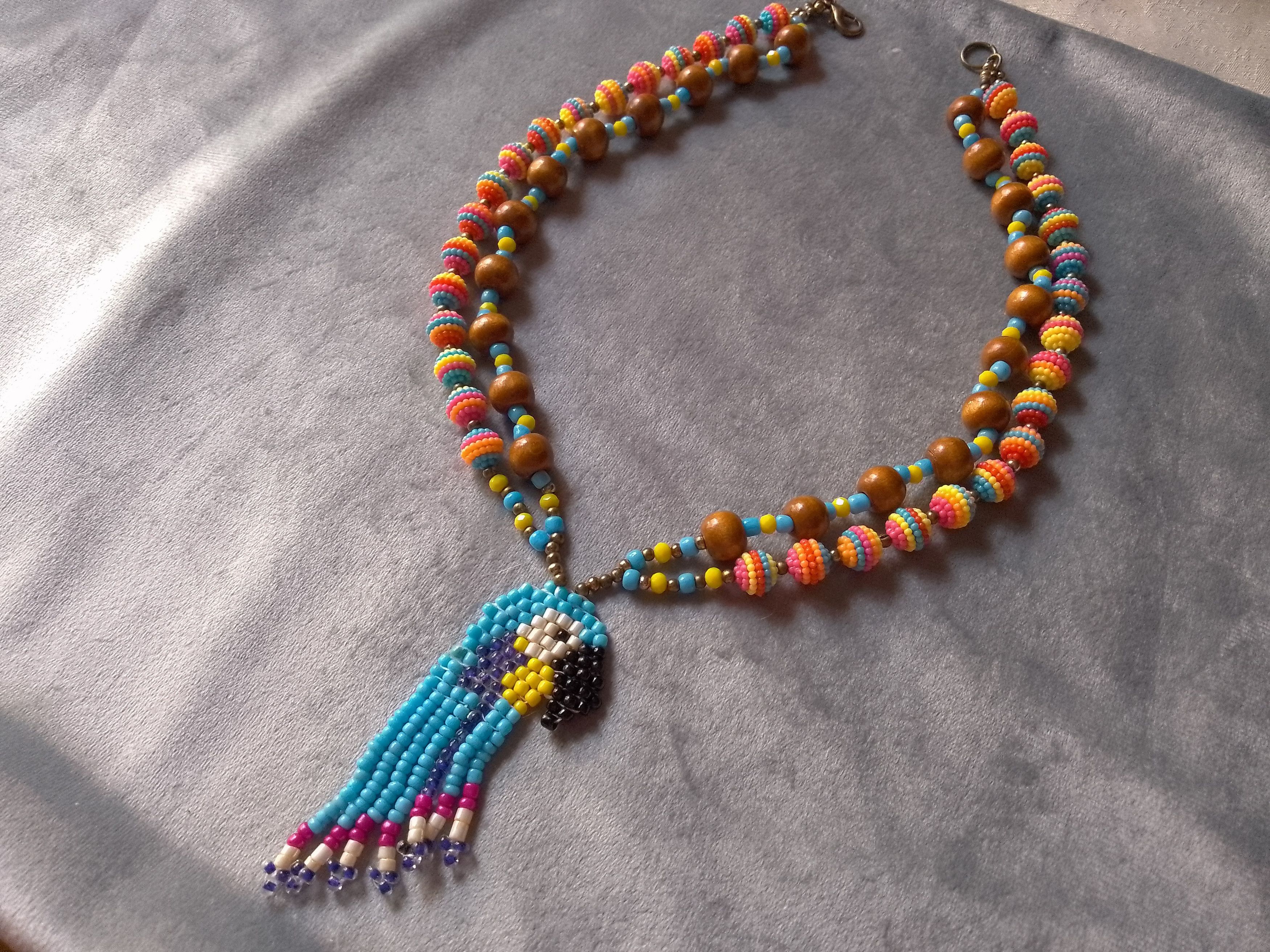 Handmade Necklace Exotic Long Wooden Multicol Parrot Beaded Pendant Size ONE SIZE - 1 Thumbnail