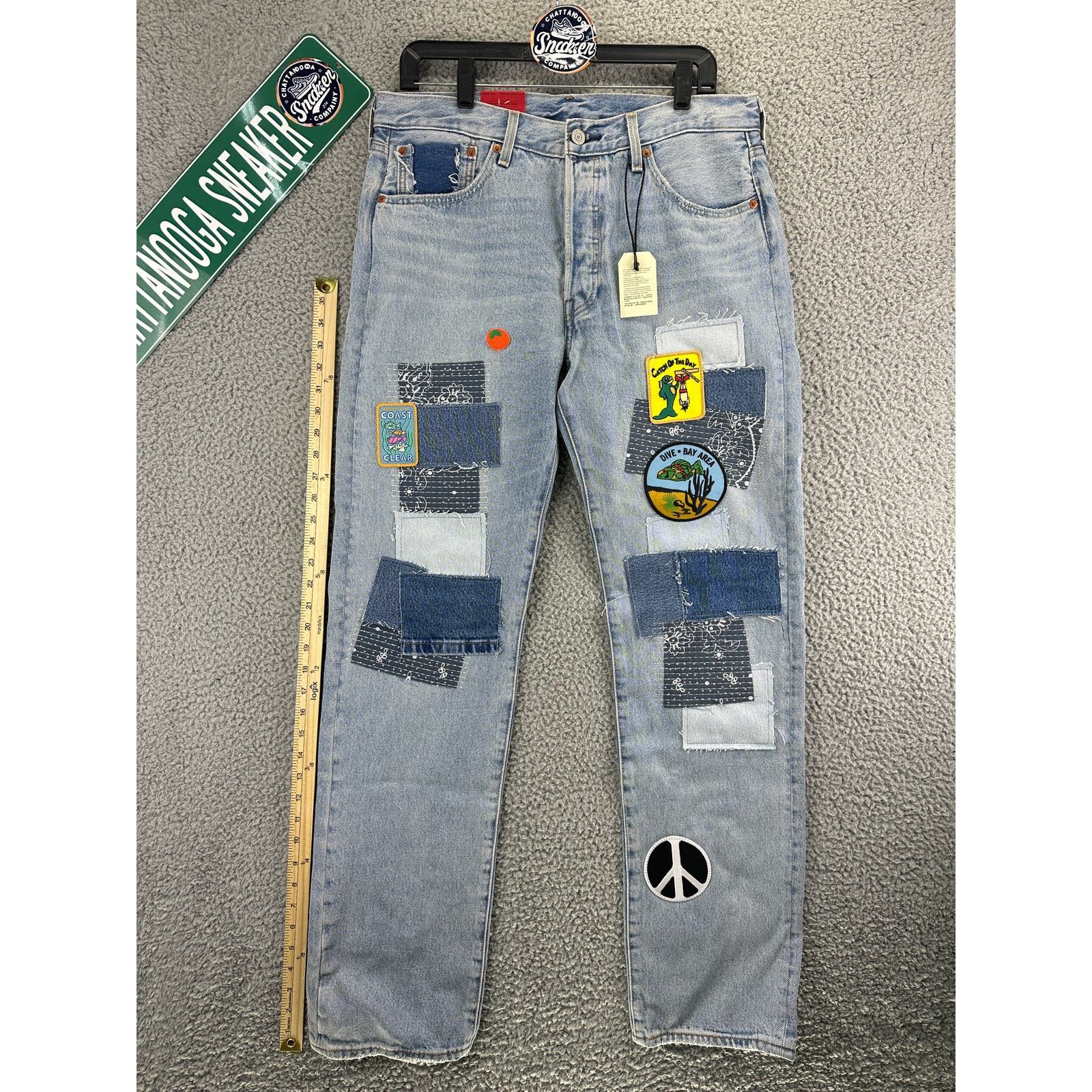 image of Levi's 501 Patchwork Jeans Mens 33 X 34 Limited 150Th Banner in Blue