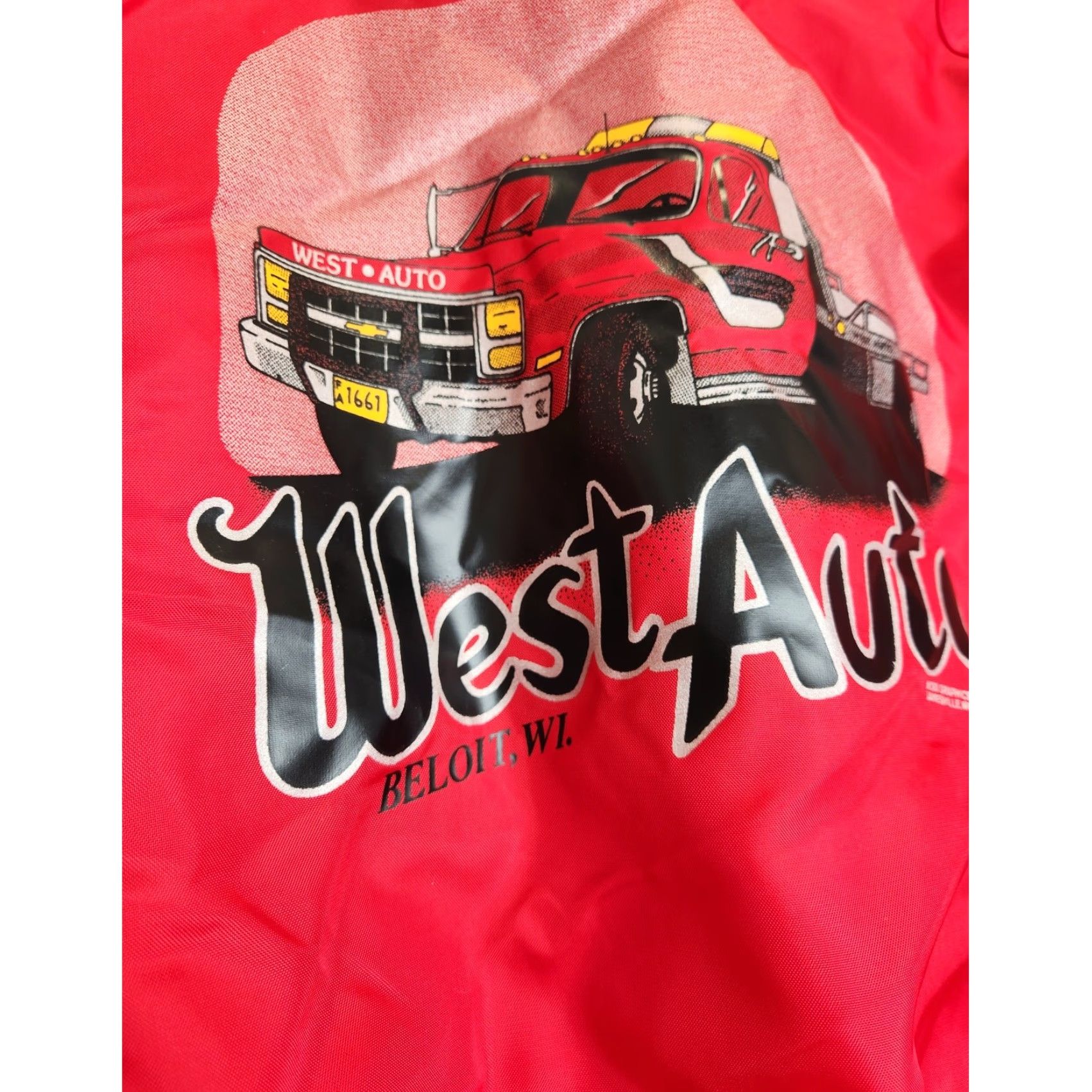 Vintage VINTAGE West Auto Beloit Wisconsin Chevy Chevrolet Satin Bomber Jacket Large Manufacturer Aristo Jac Red Unisex Adults Jacket Mens Size US L / EU 52-54 / 3 - 6 Thumbnail