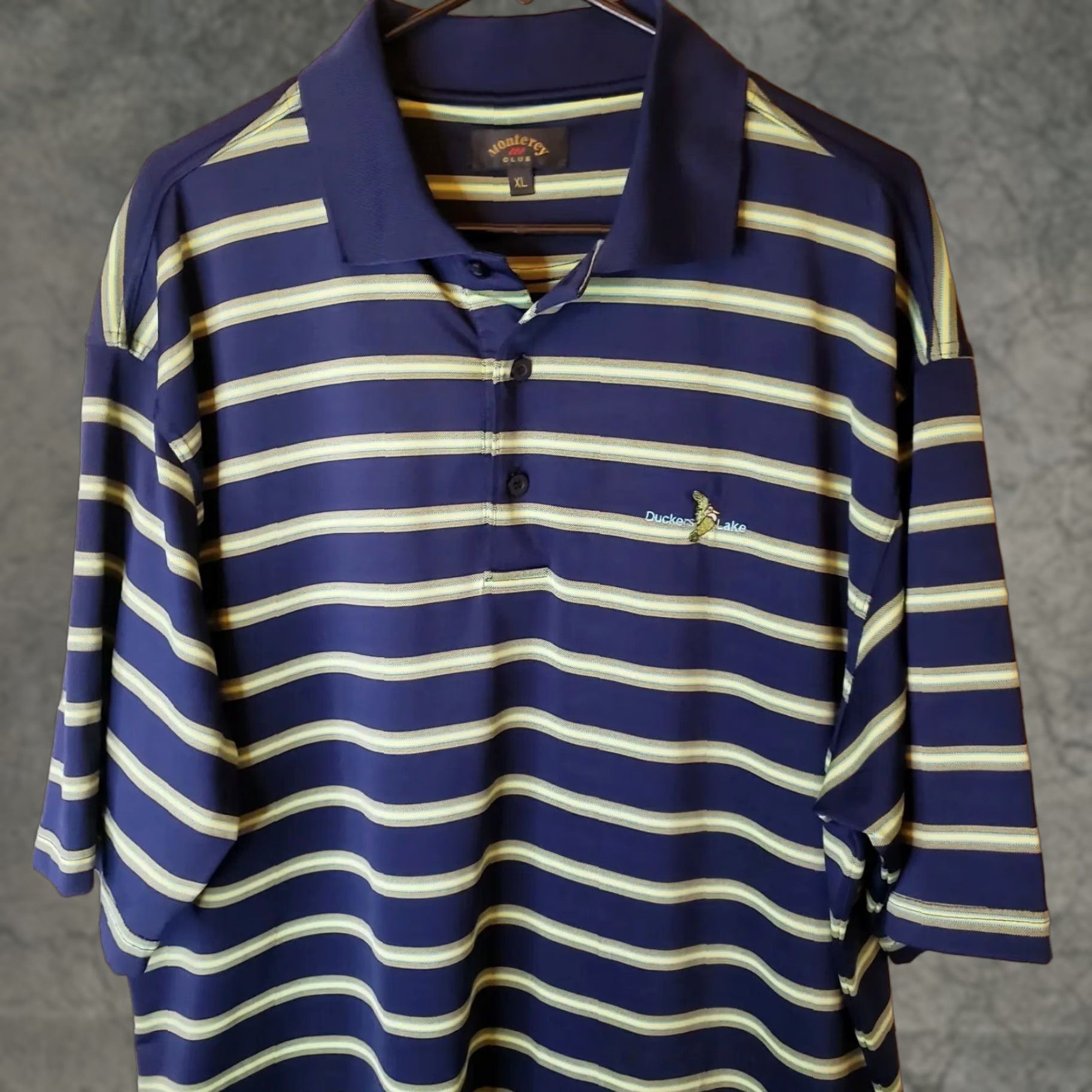 Vintage Monterey Club Polo Shirt Mens XL Blue Chartreuse Stripe Duckers Lake Golf Polo Shirt Size US XL / EU 56 / 4 - 1 Thumbnail