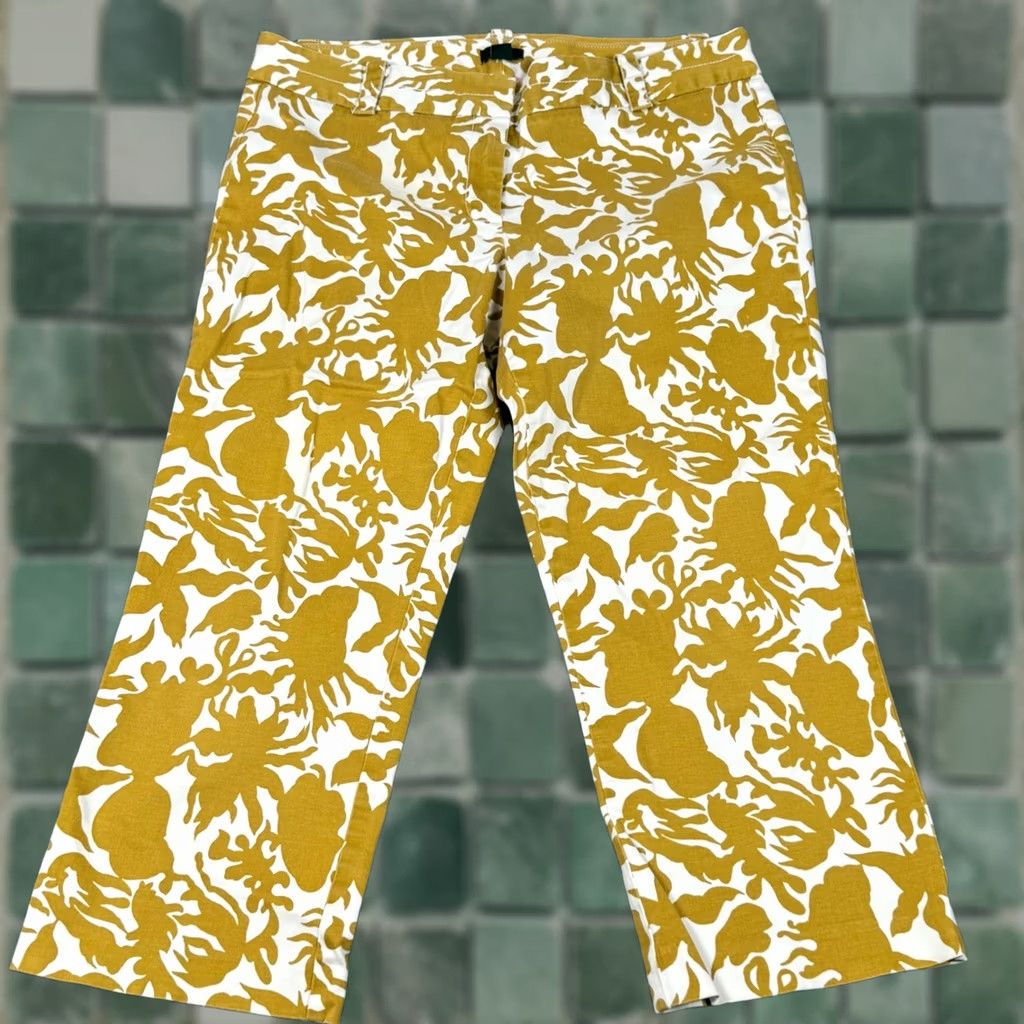 J.Crew J.CREW City Fit Stretch Capri Pants Women's 12 White Floral Mustard Cropped Casual Pockets Twill Cotton Blend) Size 34" / US 12 / IT 48 - 1 Thumbnail