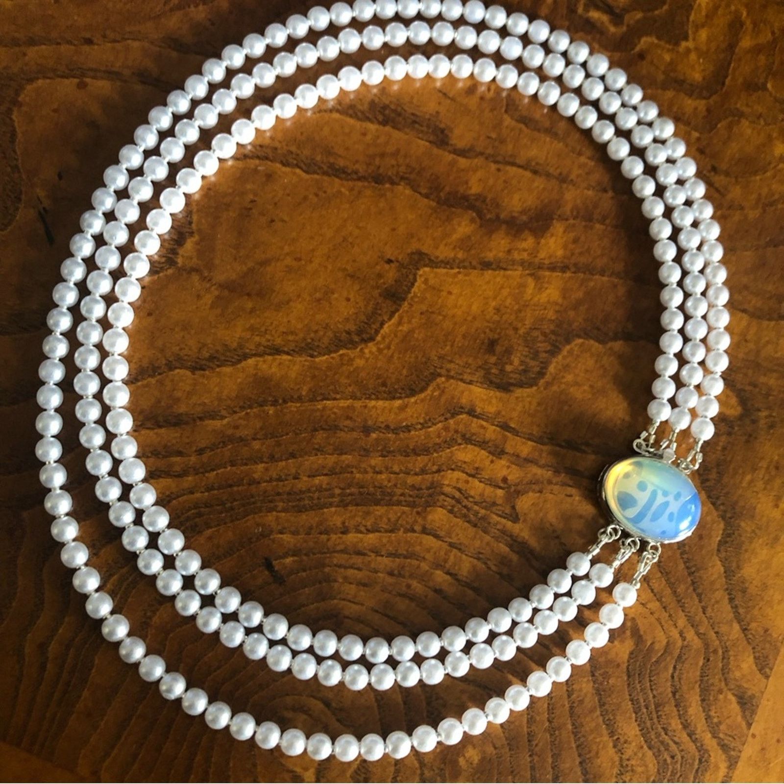Handmade Handcrafted triple strand white pearl opalite clasp necklace Size ONE SIZE - 10 Thumbnail