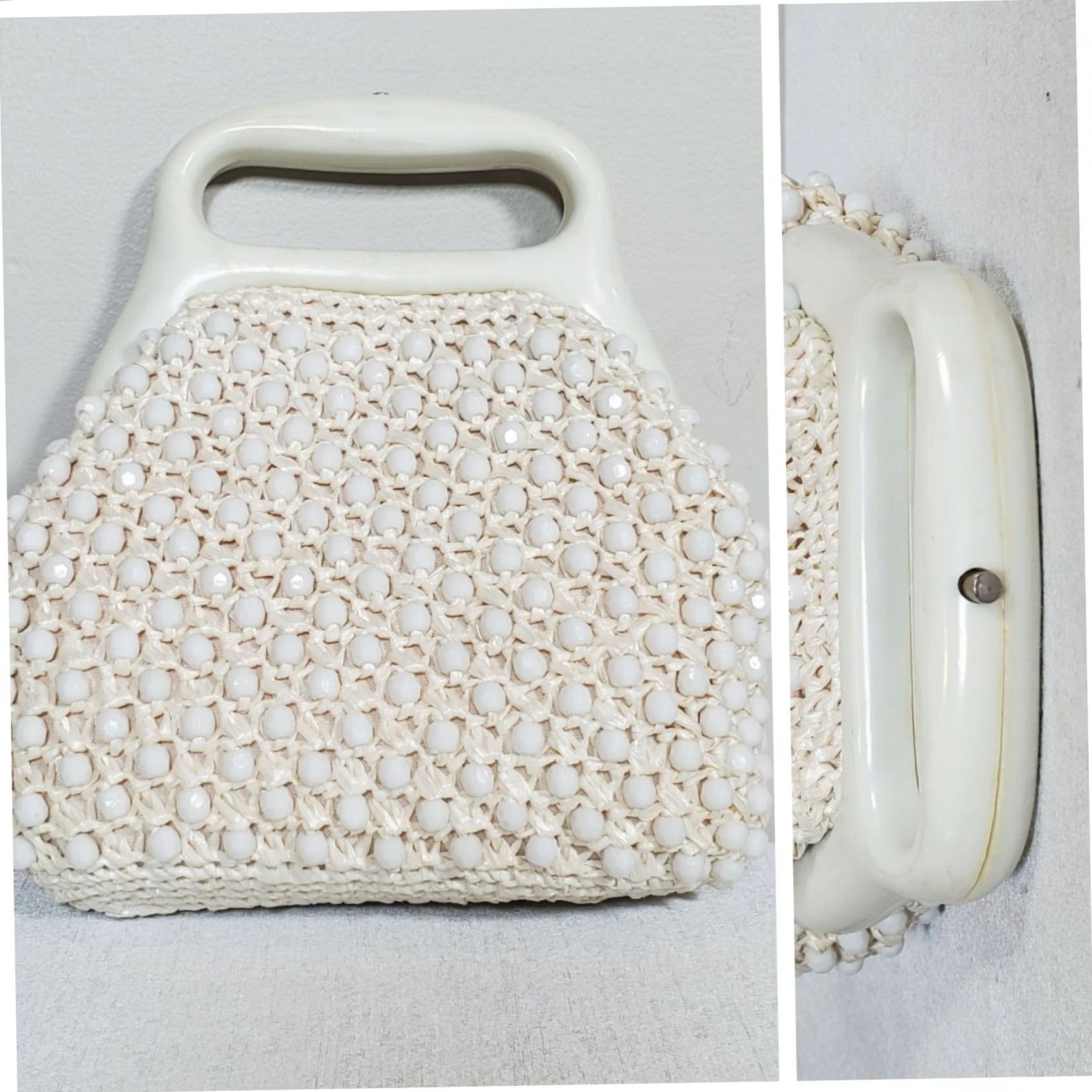 Vintage VINTAGE 1960s Beaded Crocheted Purse Ivory White Plastic Handle Lined Hong Kong Size ONE SIZE - 2 Thumbnail