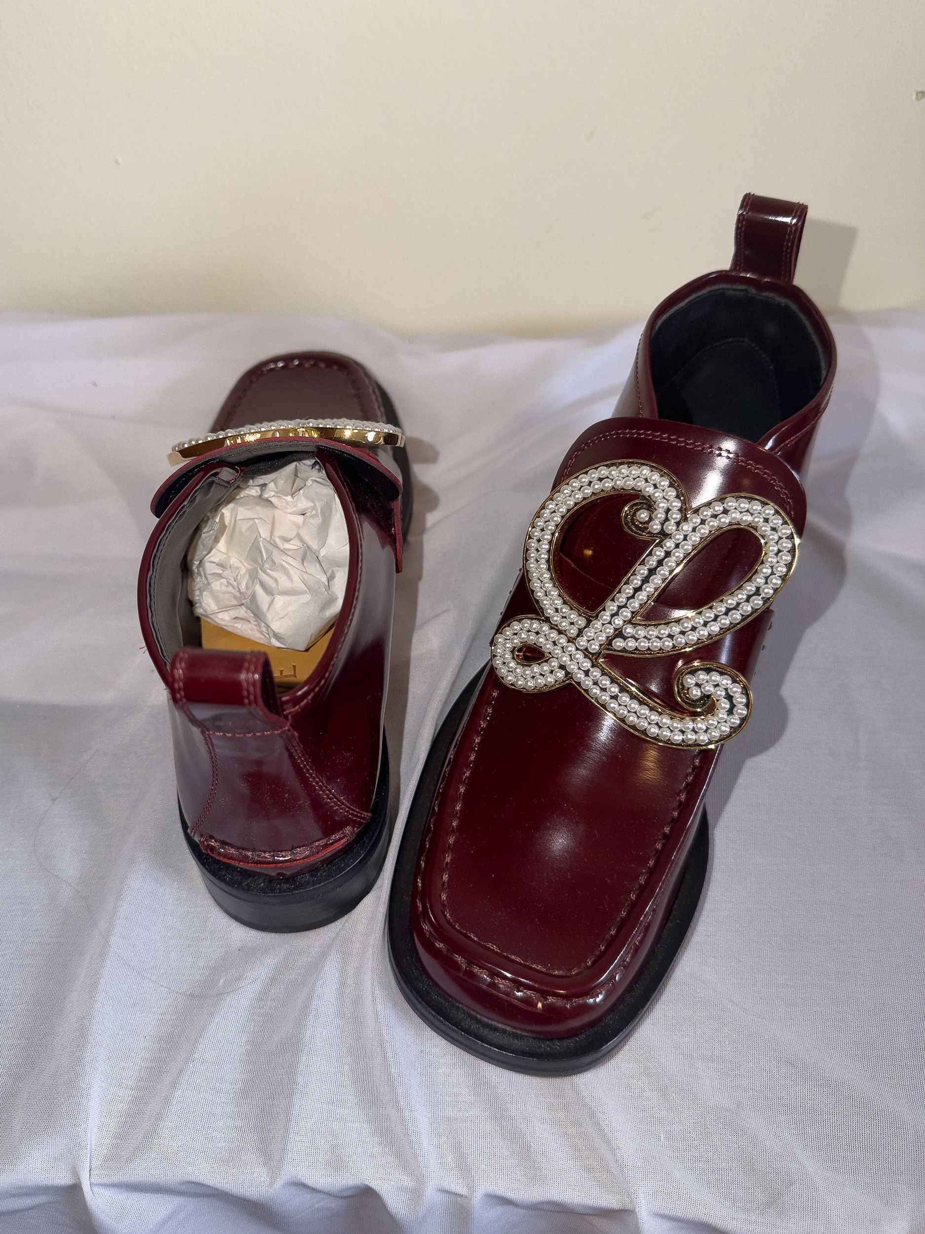 Loewe Loewe Burgundy Leather Pearl Buckle Ankle Boots Size US 6 / IT 36 - 7 Thumbnail