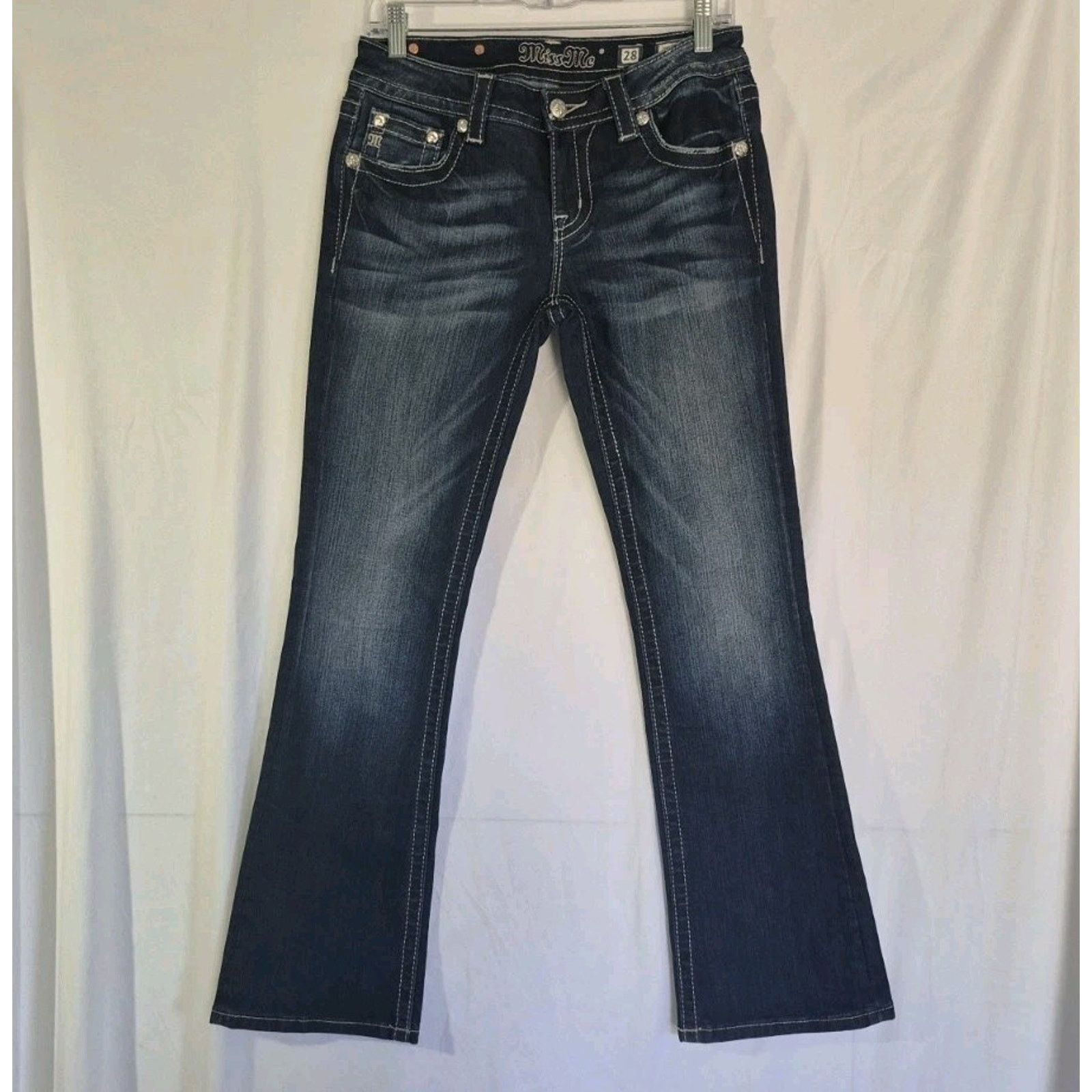 Miss Me Miss Me Signature Boot Dark Blue Rhinestone Flare Jeans 28 Size 28" / US 6 / IT 42 - 1 Thumbnail