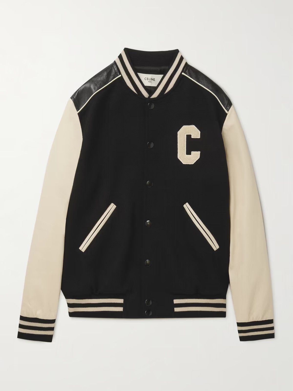 Celine NEW - FW21 Black C Patch Leather Sleeve Wool Teddy 54 Size US L / EU 52-54 / 3 - 21 Thumbnail