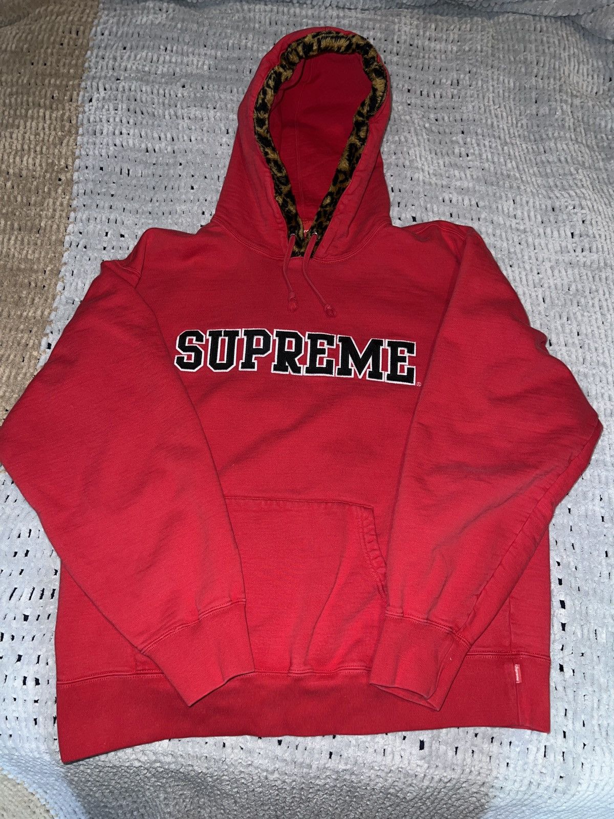 image of Supreme Leopard Trim Hoodie in Red, Men's (Size XL)