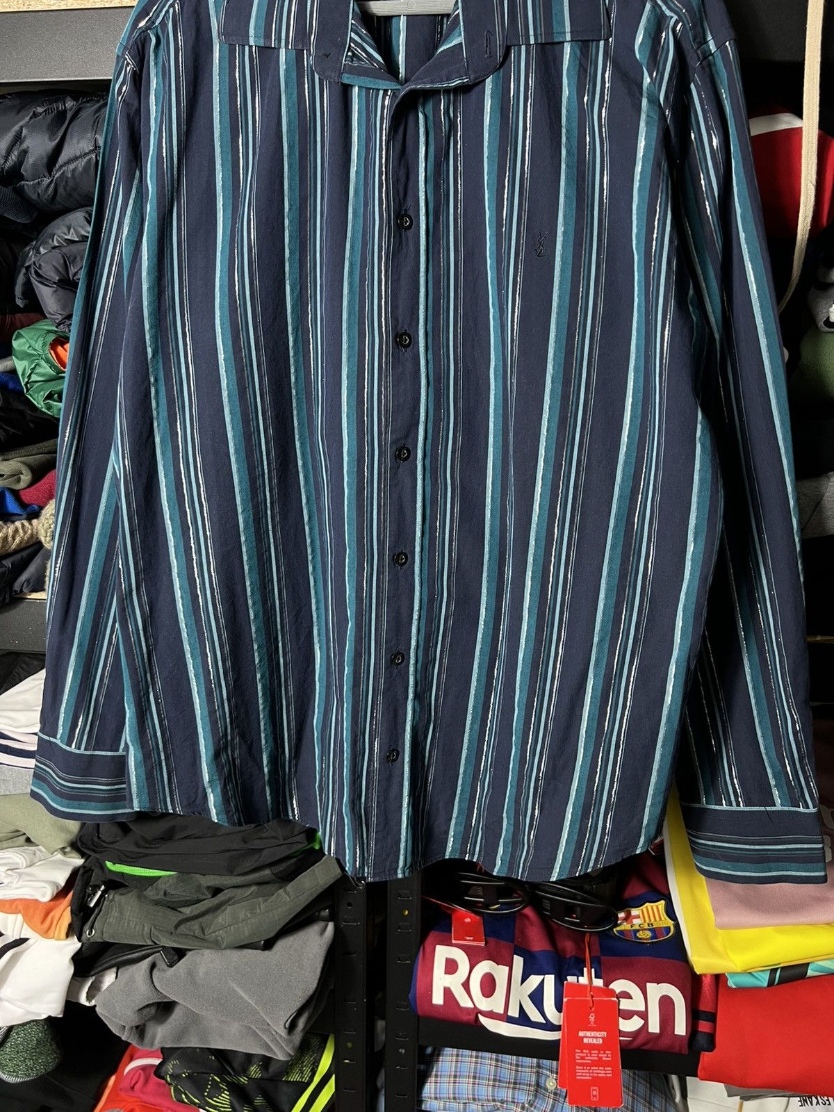 Yves Saint Laurent Yves Saint Laurent YSL Striped Button Up Shirt Navy Cotton Size US L / EU 52-54 / 3 - 3 Thumbnail