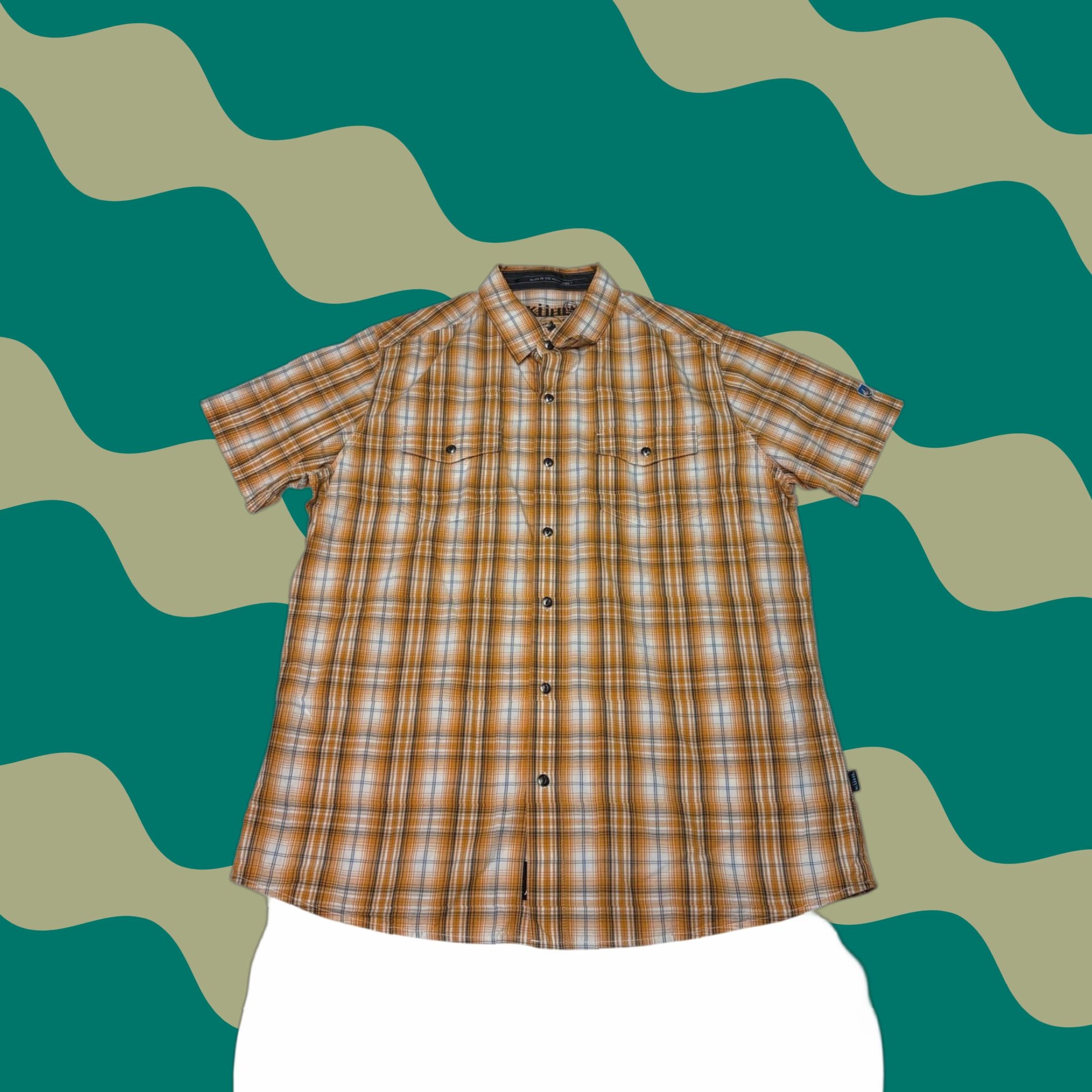 Vintage KUHL Shirt Plaid Button-Up Short Sleeve Orange White Blue Mens Large Casual Easy Wear 42 in Chest Size US L / EU 52-54 / 3 - 1 Thumbnail