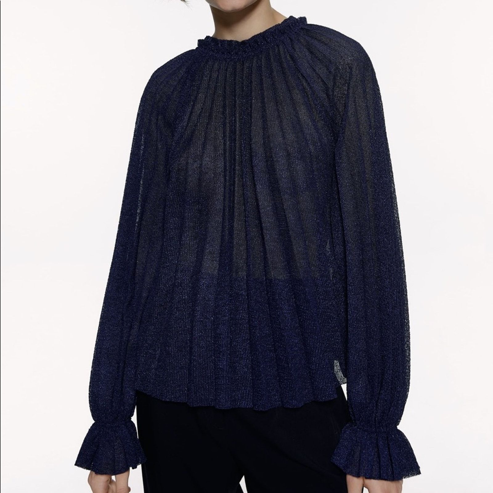 Zara Zara Knit Blue Pleated Bell Sleeve Ruffle Neck Sheer Blouse Size M / US 6-8 / IT 42-44 - 2 Thumbnail