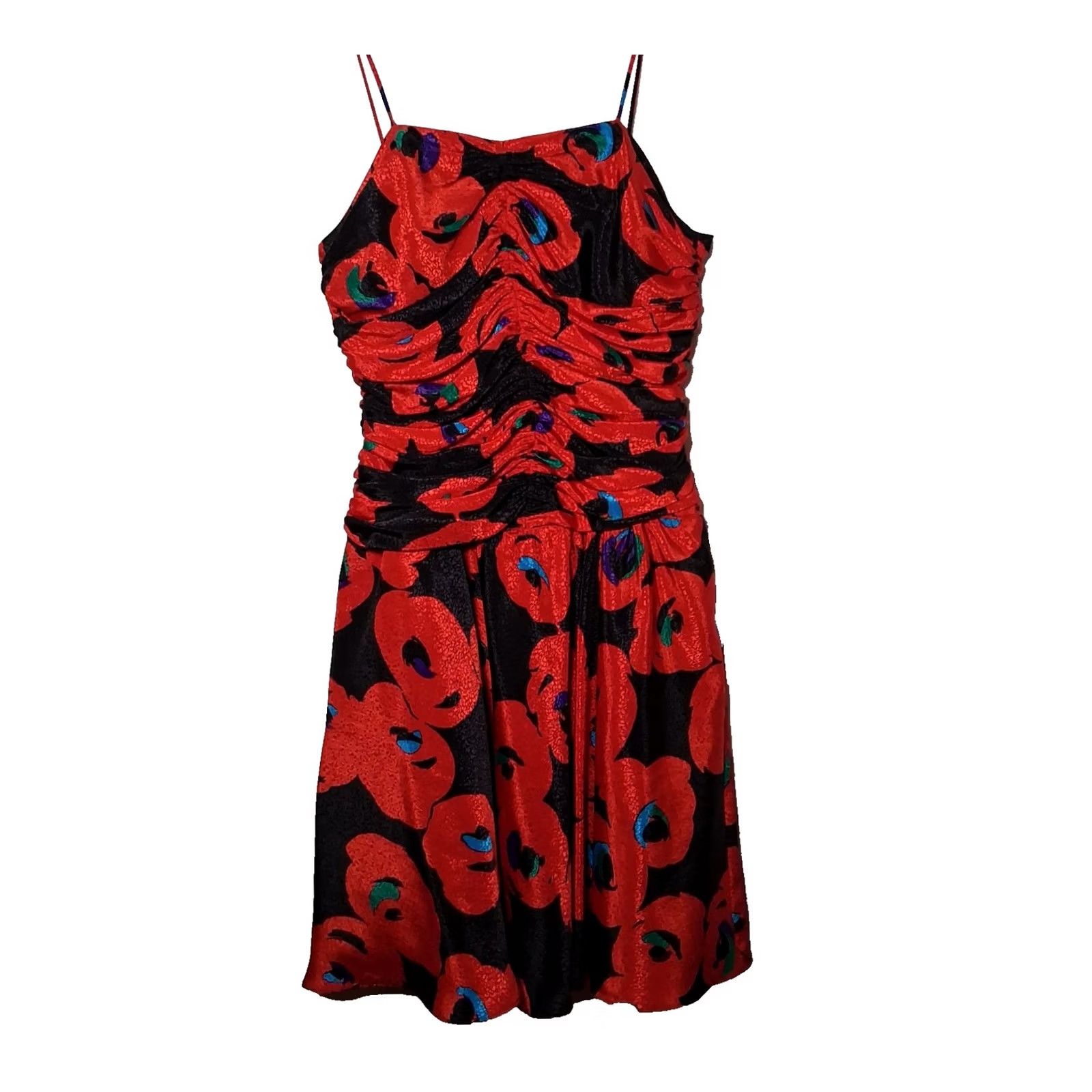 Vintage VINTAGE Apostrophe 1980s Party Dress Red Black Floral Satin Sleeveless Satin Spaghetti Straps Party Dress 13/14 Adults Girls Womens Size XL / US 12-14 / IT 48-50 - 2 Thumbnail