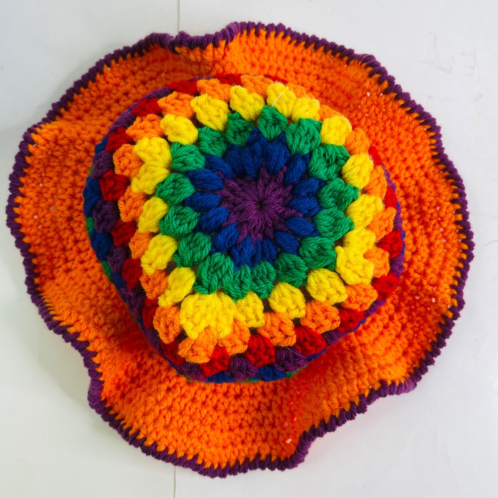 Handmade Crochet Bucket Hat Granny Square Pattern Rainbow Colors Adul Size ONE SIZE - 5 Thumbnail