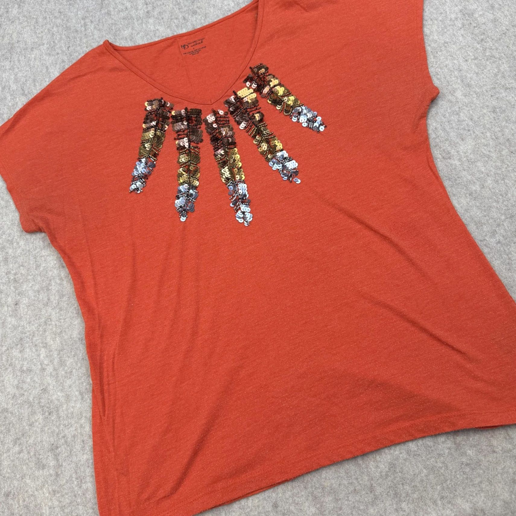 Vintage New Directions Weekend Shirt Womens Large Orange Sequin V-Neck Dolman Knit Top Size L / US 10 / IT 46 - 2 Thumbnail
