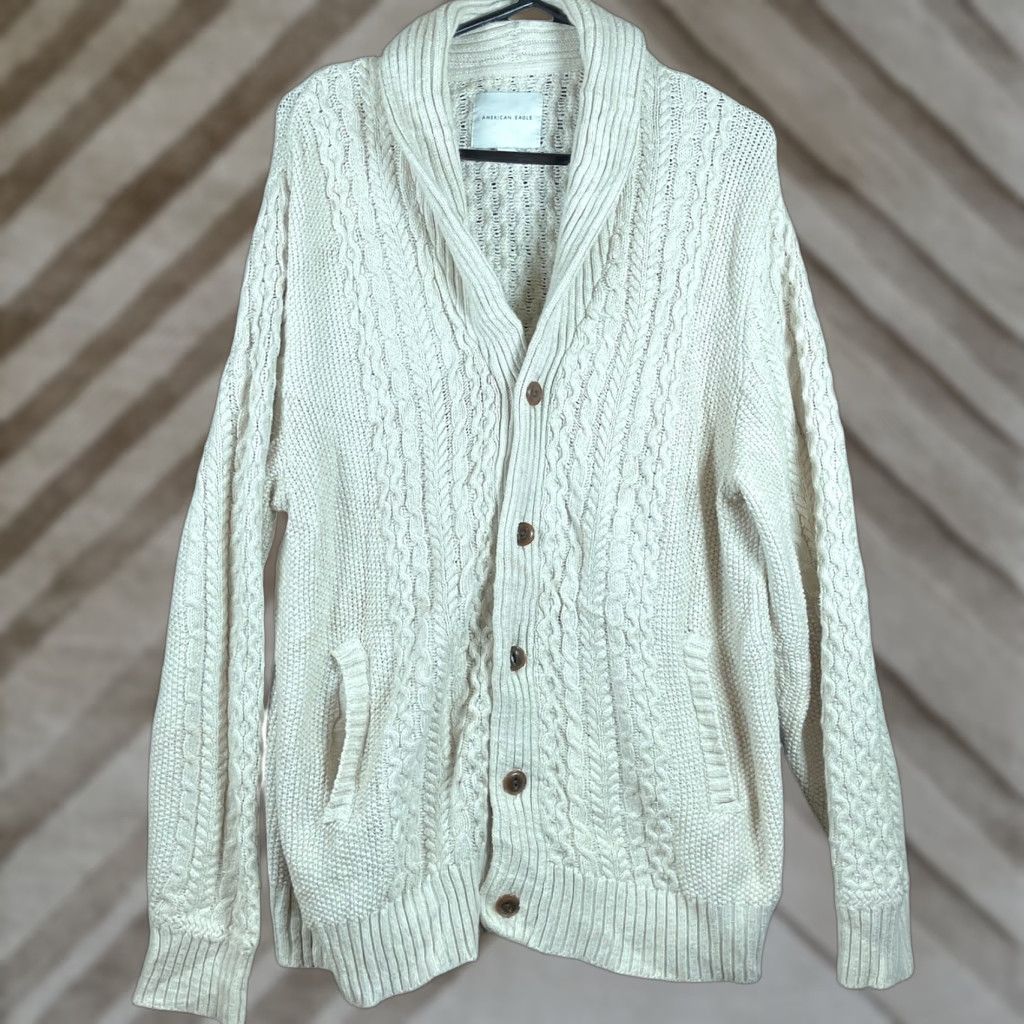 Vintage American Eagle Mens Sweater Cardigan Oatmeal Button Front Shawl Neck Knit Cotton Blend XL Tan Size US XL / EU 56 / 4 - 1 Thumbnail