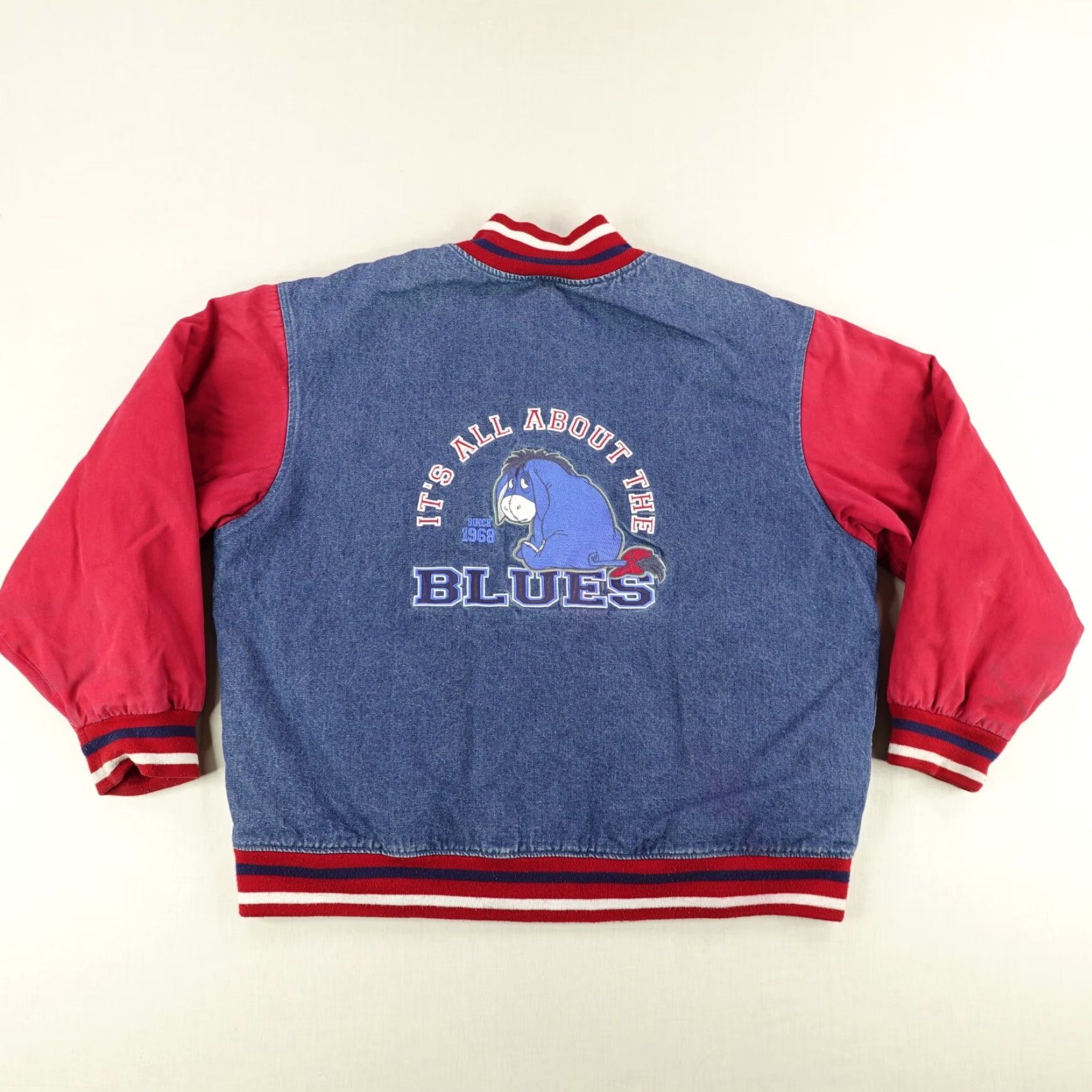 Disney Vintage Disney Jacket Mens Large Blue Denim Red Eeyore Quilted Bomber Coat 90s ^ Size US L / EU 52-54 / 3 - 7 Thumbnail