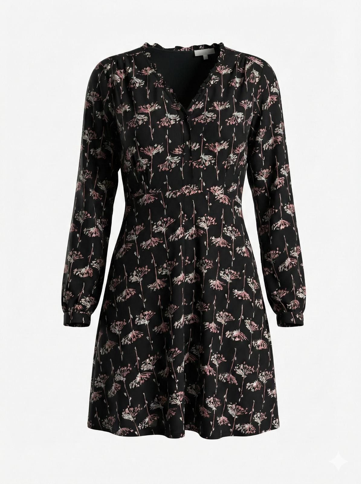 Japanese Brand Jaba black floral long sleeve dress ruffle neck Size S / US 4 / IT 40 - 3 Thumbnail