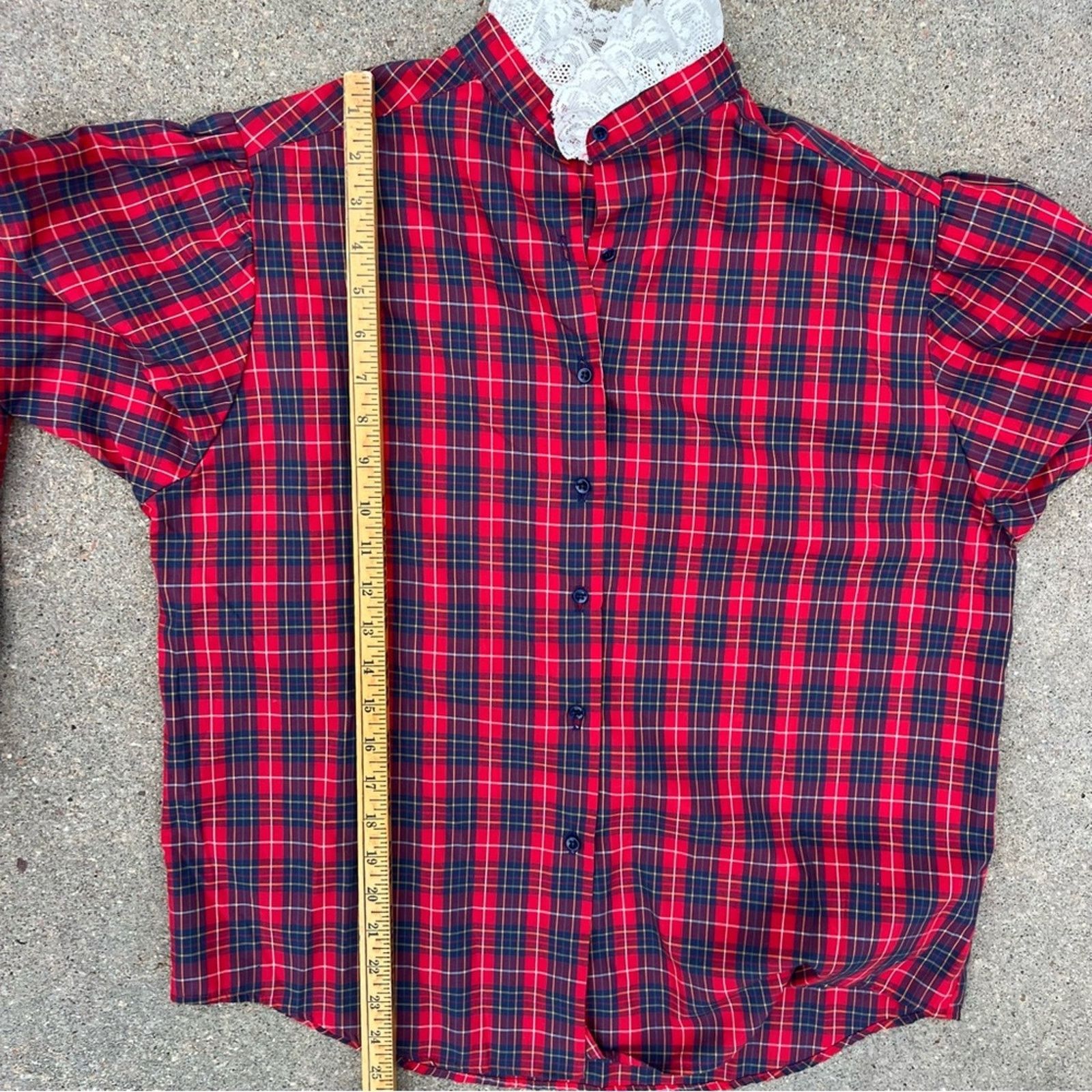 Vintage VTG Red Poplin Christmas Plaid Ruffle Lace Button Up Blouse Size L / US 10 / IT 46 - 7 Thumbnail
