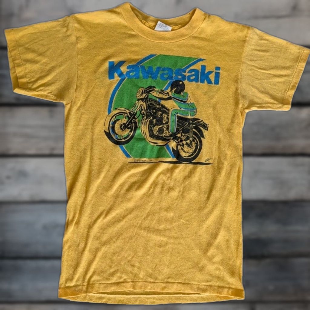 3D Emblem Kawasaki Vintage 80s Motorcycle Tee Shirt USA Made Single Stitch S/M Rare
