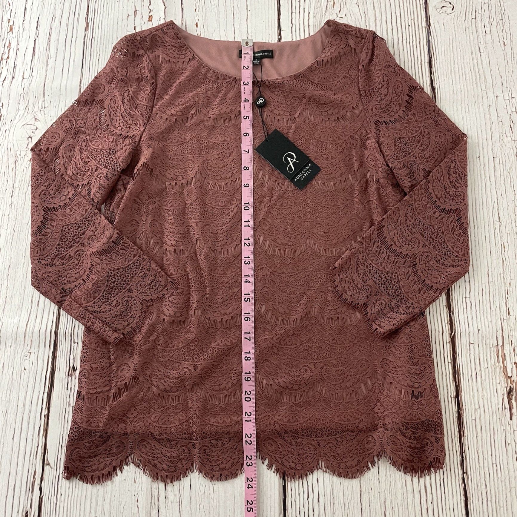 Adrianna Papell Adrianna Papell Blouse Knit 3/4 Sleeve Pink Women's Small Mauve Tailored Pattern Scallop Lace Shirt Womens Size S / US 4 / IT 40 - 4 Thumbnail