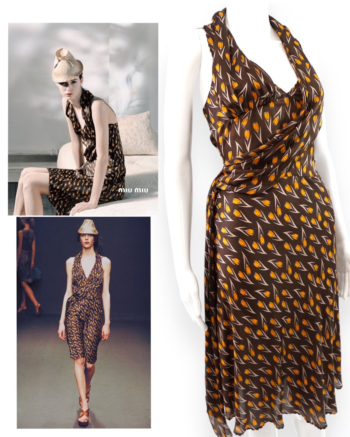 Image of Miu Miu Fw 2000 Tulip Print Silk Dress in Brown, Women's (Size Small)