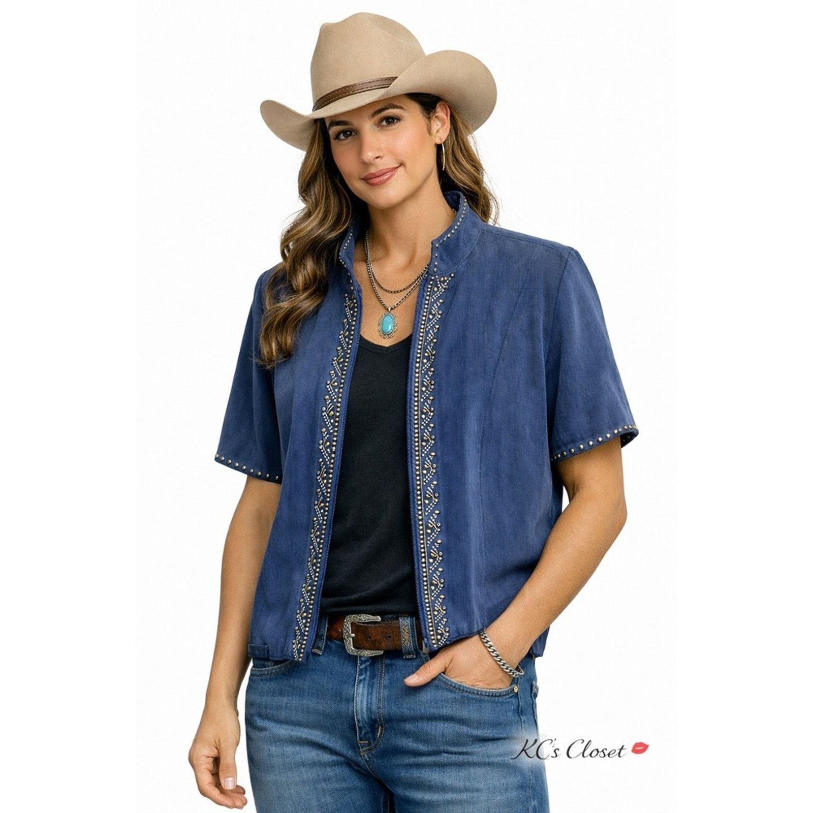 Double D Ranch Double D Ranch Blue Tencel Studded Western Jacket Sz Lg Size L / US 10 / IT 46 - 1 Thumbnail