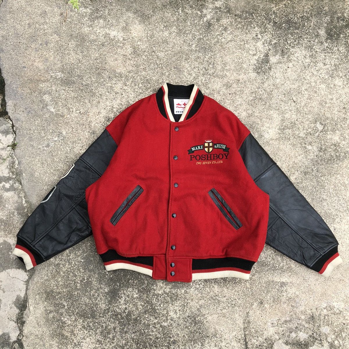 🔥🔥🇯🇵Posh Boy Sleeves Leather Wool Heavy Varsity Jacket
