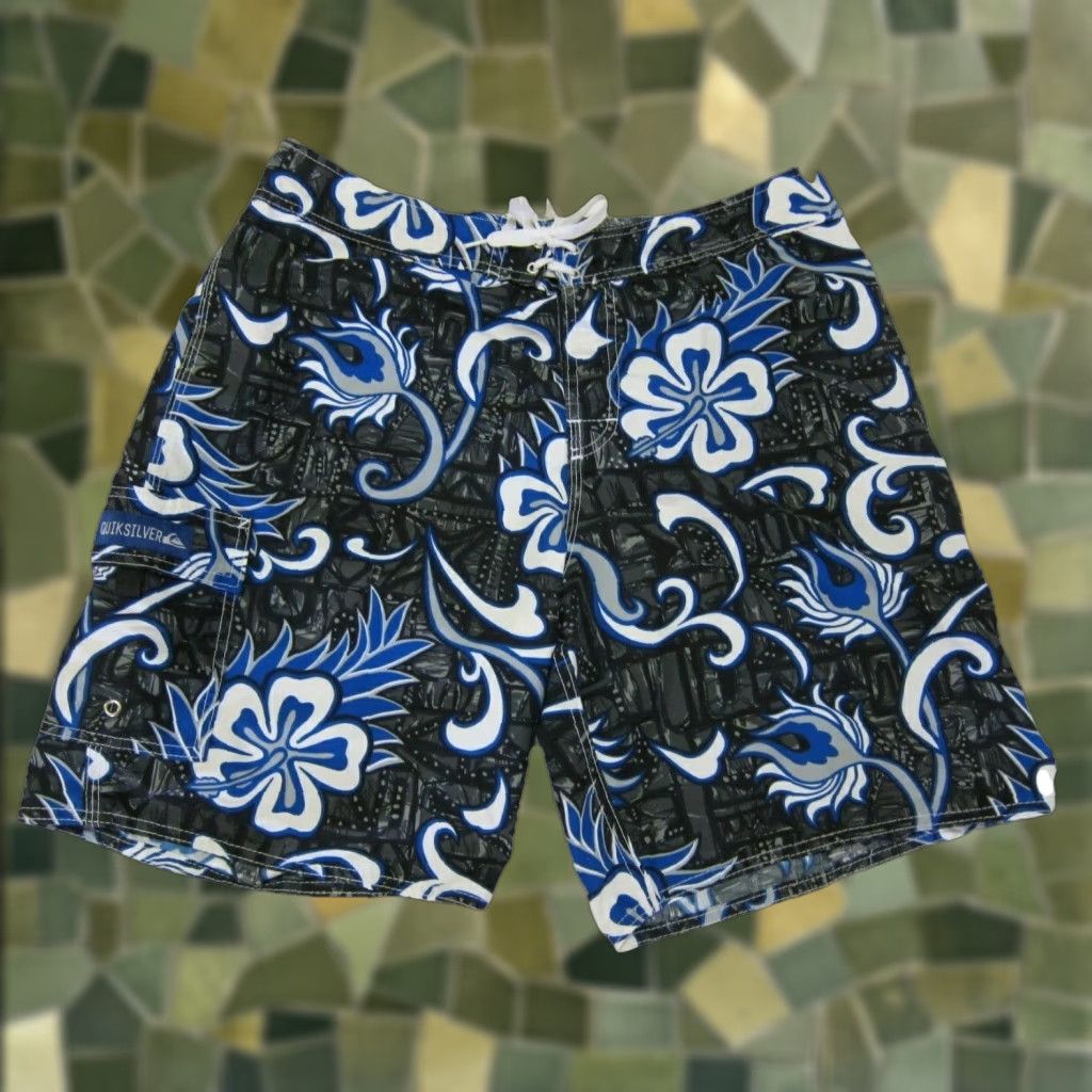 Quiksilver Quiksilver Board Shorts Men Size L Blue Black White Floral Hawaiian Surf Swim Bottom Size US 33 - 1 Thumbnail