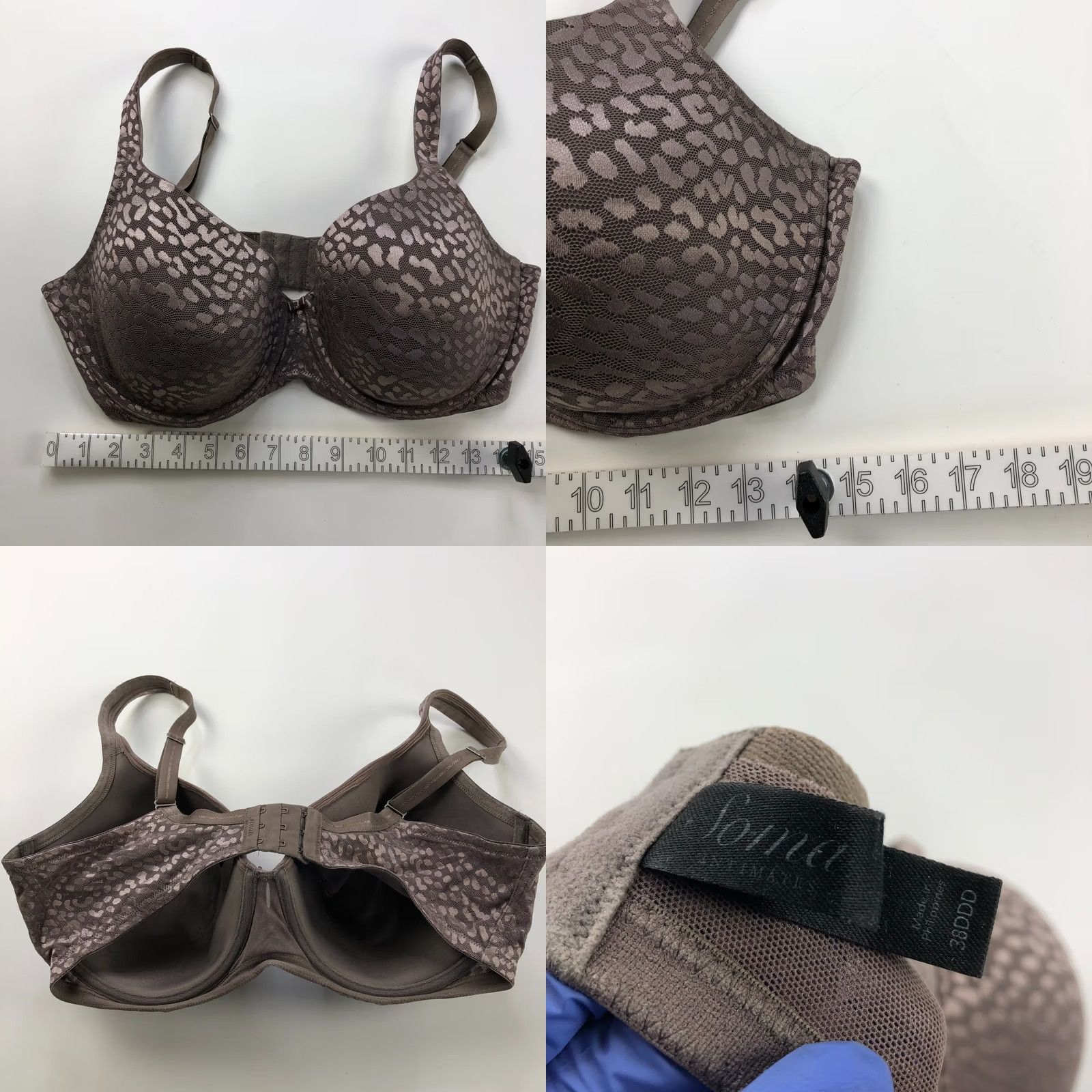 Vintage Soma Bra 38DDD Lace Padded Underwired Nylon Spandex Beige Purple Brown MINT" Size ONE SIZE - 8 Thumbnail