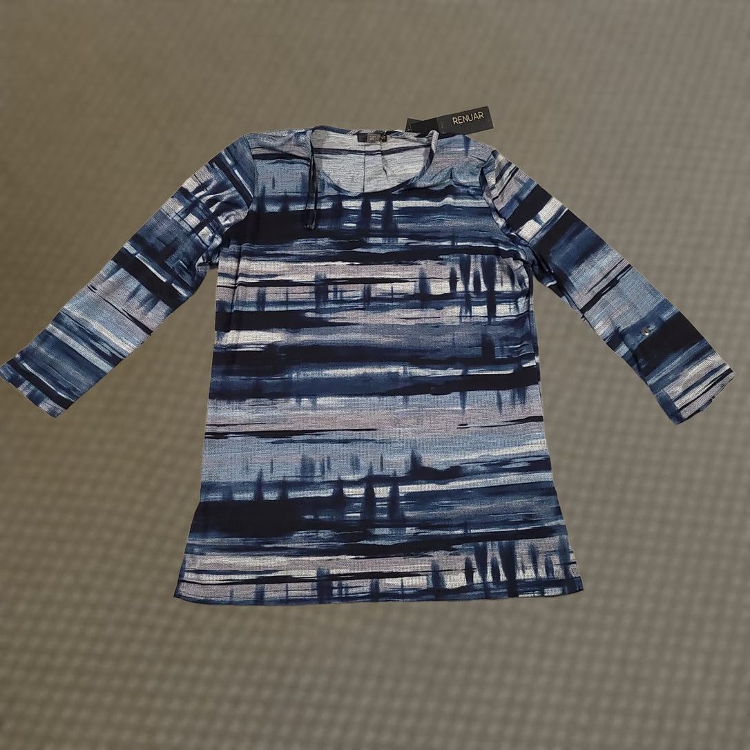 Vintage Renuar Blue Tunic Top Blouse Women M Medium Stretch 3/4 Sleeve Pullover Button Casual Shirt / Tunic Ladies Regular Blouse Size M / US 6-8 / IT 42-44 - 1 Thumbnail