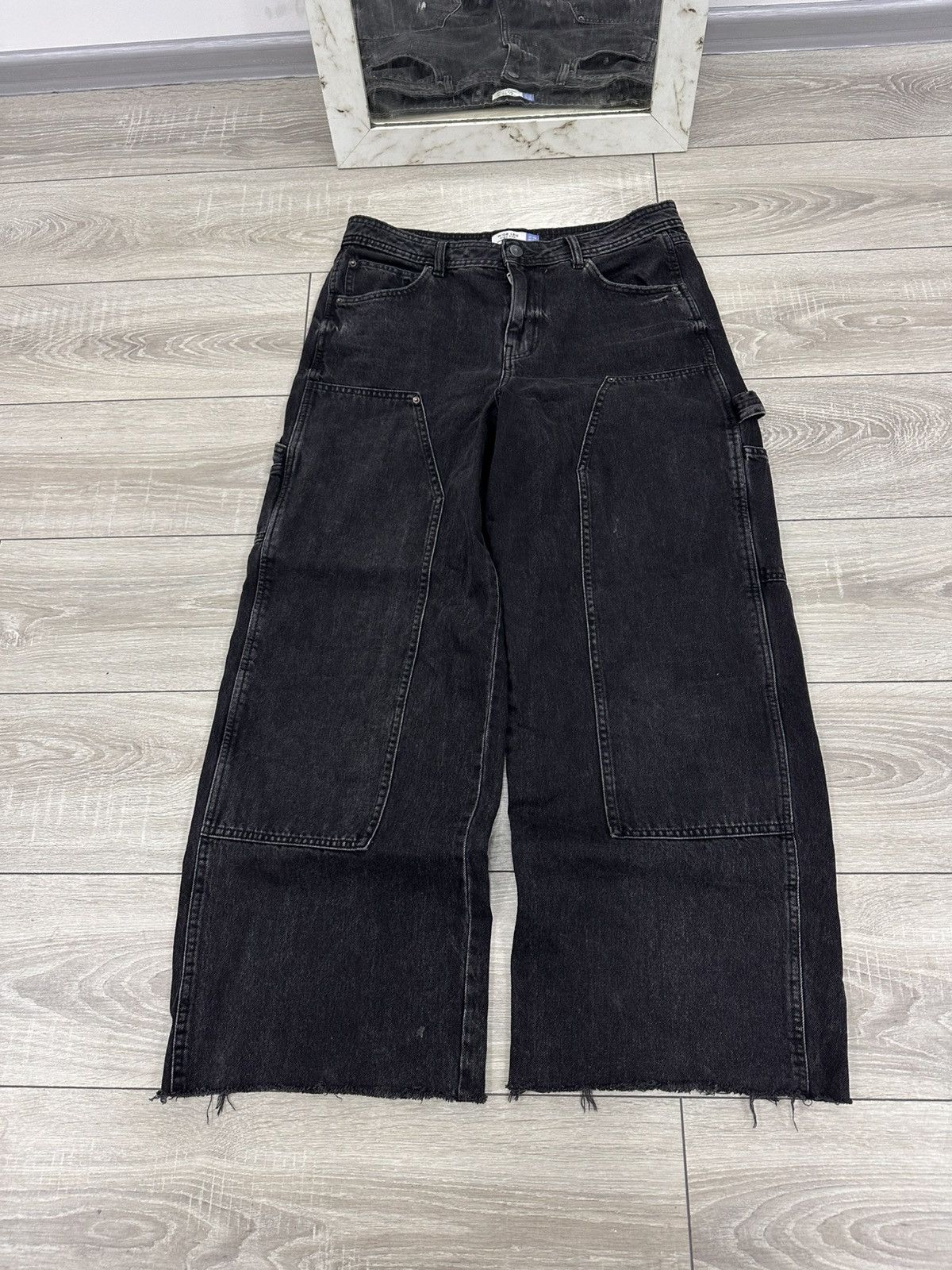 Japanese Brand Baggy Wide Leg Y2K Black Carpenter Jeans Size US 32 / EU 48 - 2 Thumbnail