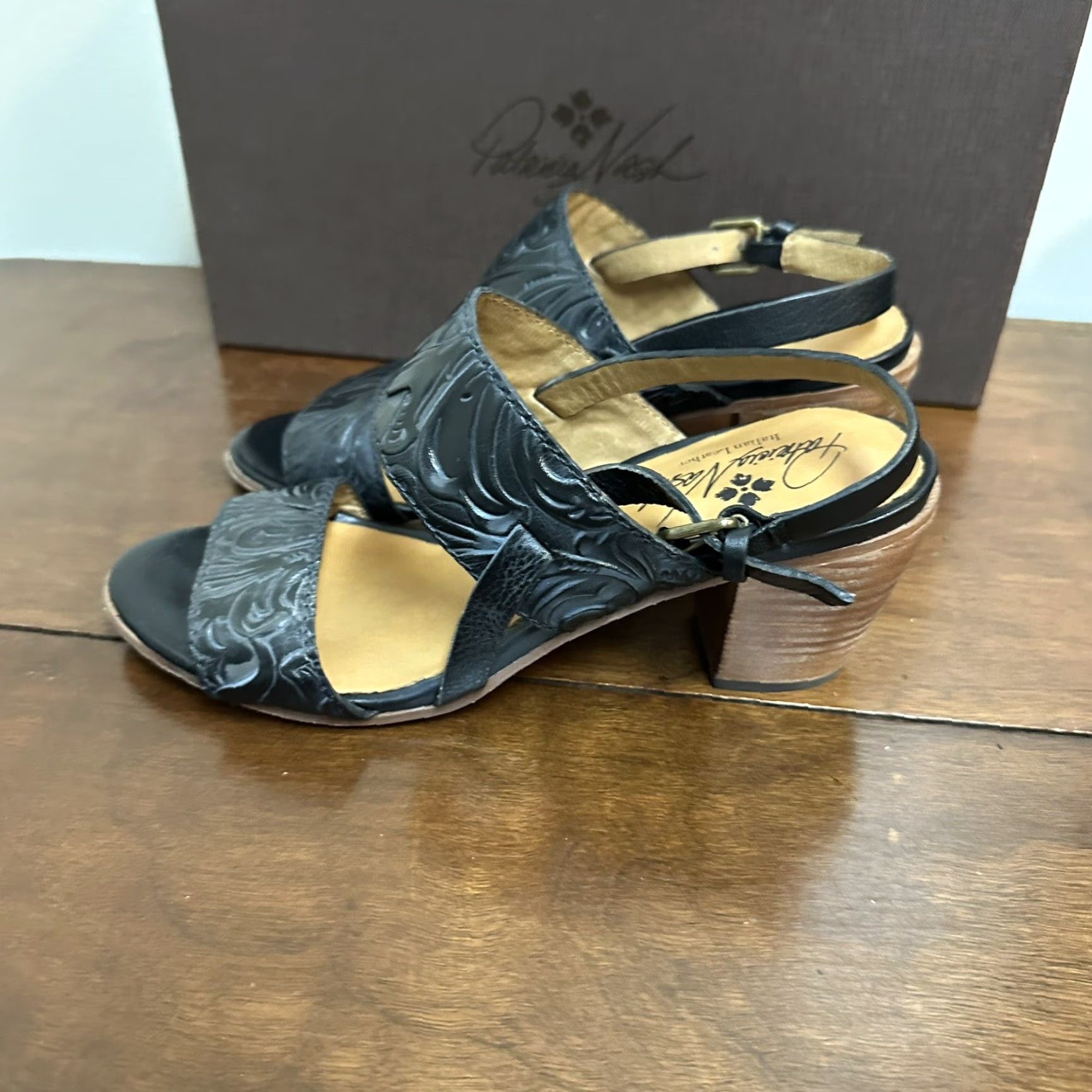 Patricia Nash Romana Italian Tooled Leather Block Heeled Sandals Size US 7 Womens Sandal Black Leather Block Heel Slingback 7 Italian Floral Theme
