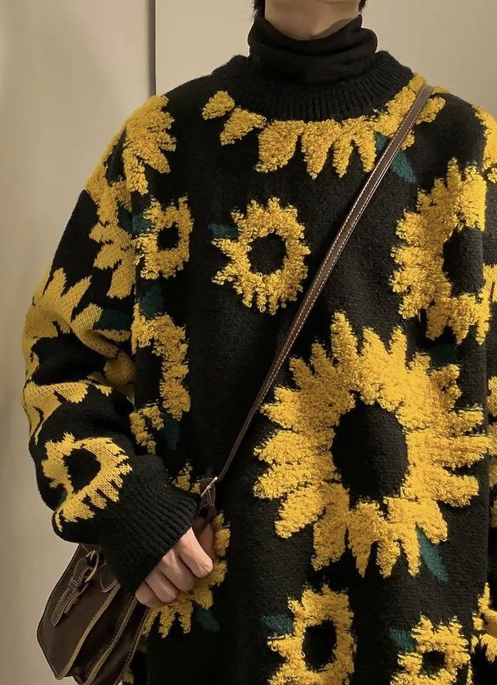Vintage Sunflower Knitted Sweater Pullover Size US L / EU 52-54 / 3 - 2 Thumbnail