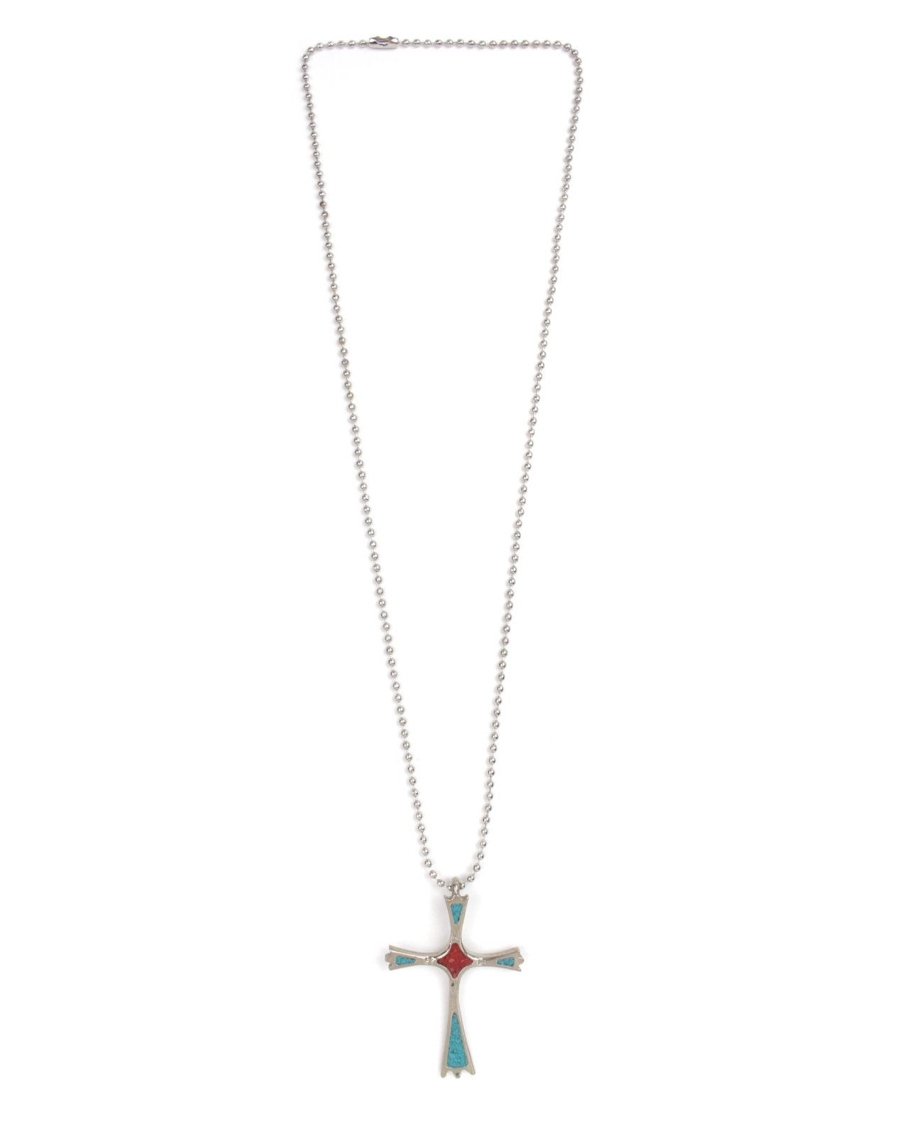 Vintage 2000S TURQUOISE & RED CORAL INLAY CROSS PENDANT NECKLACE Size ONE SIZE - 2 Thumbnail