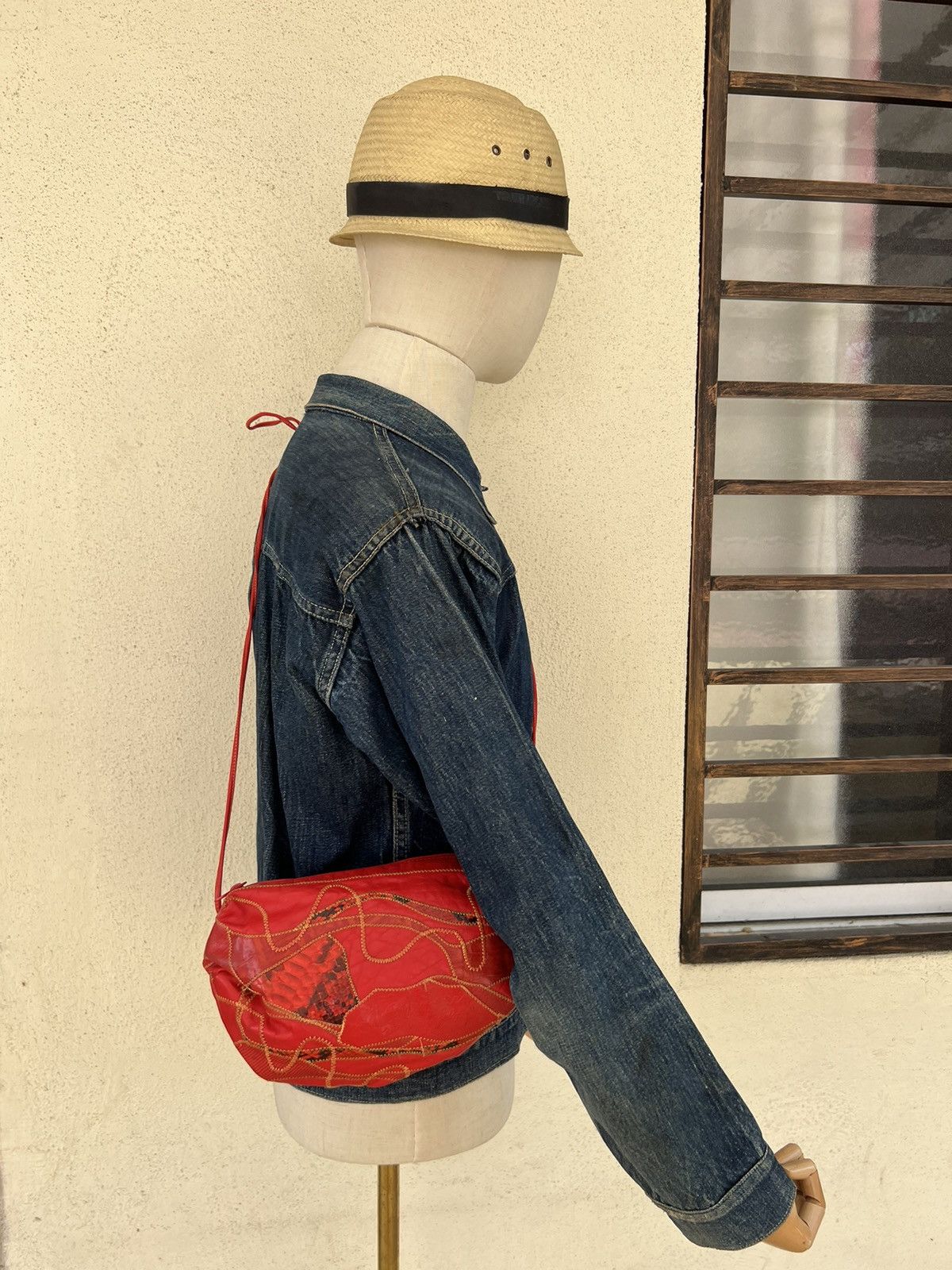 image of Vintage Carlos Falchi Embroidery Patchwork Leather Bag in Red, Women's