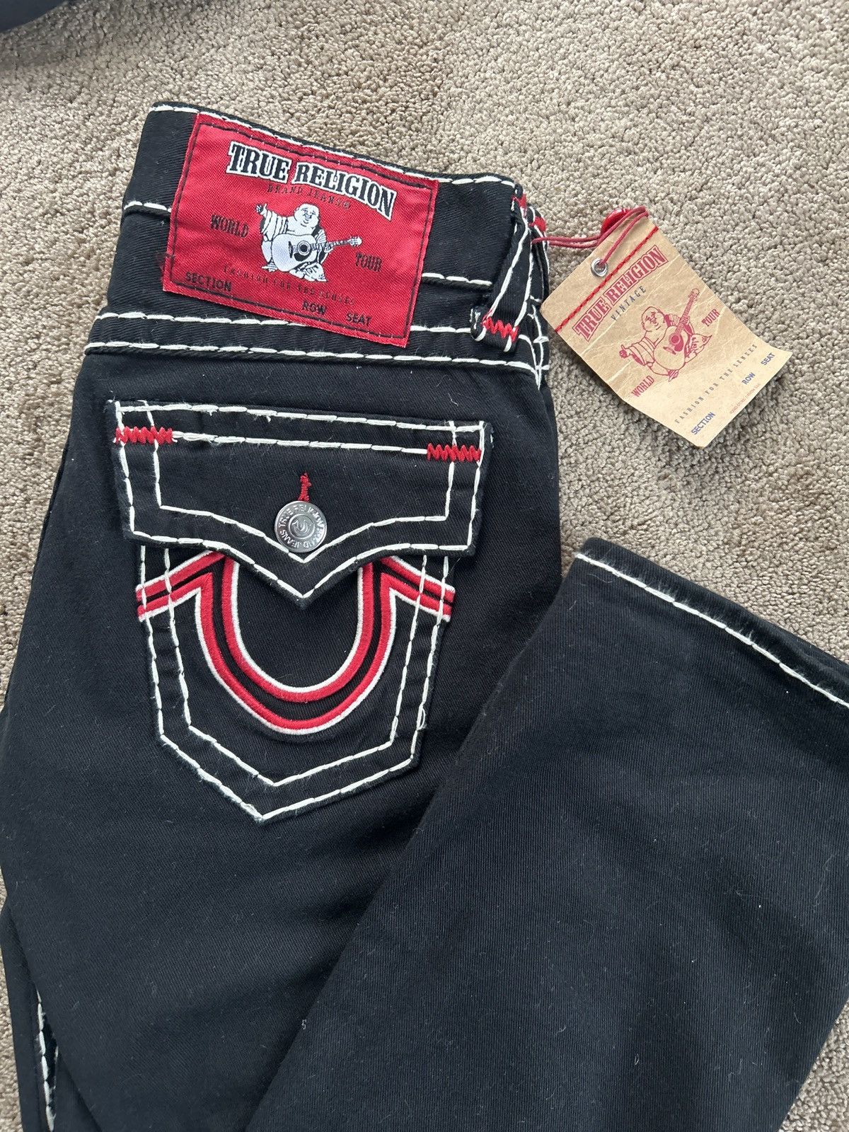 Designer × True Religion Very Rare Trues Ricky Straight black/red white stitching! Size US 30 / EU 46 - 1 Thumbnail